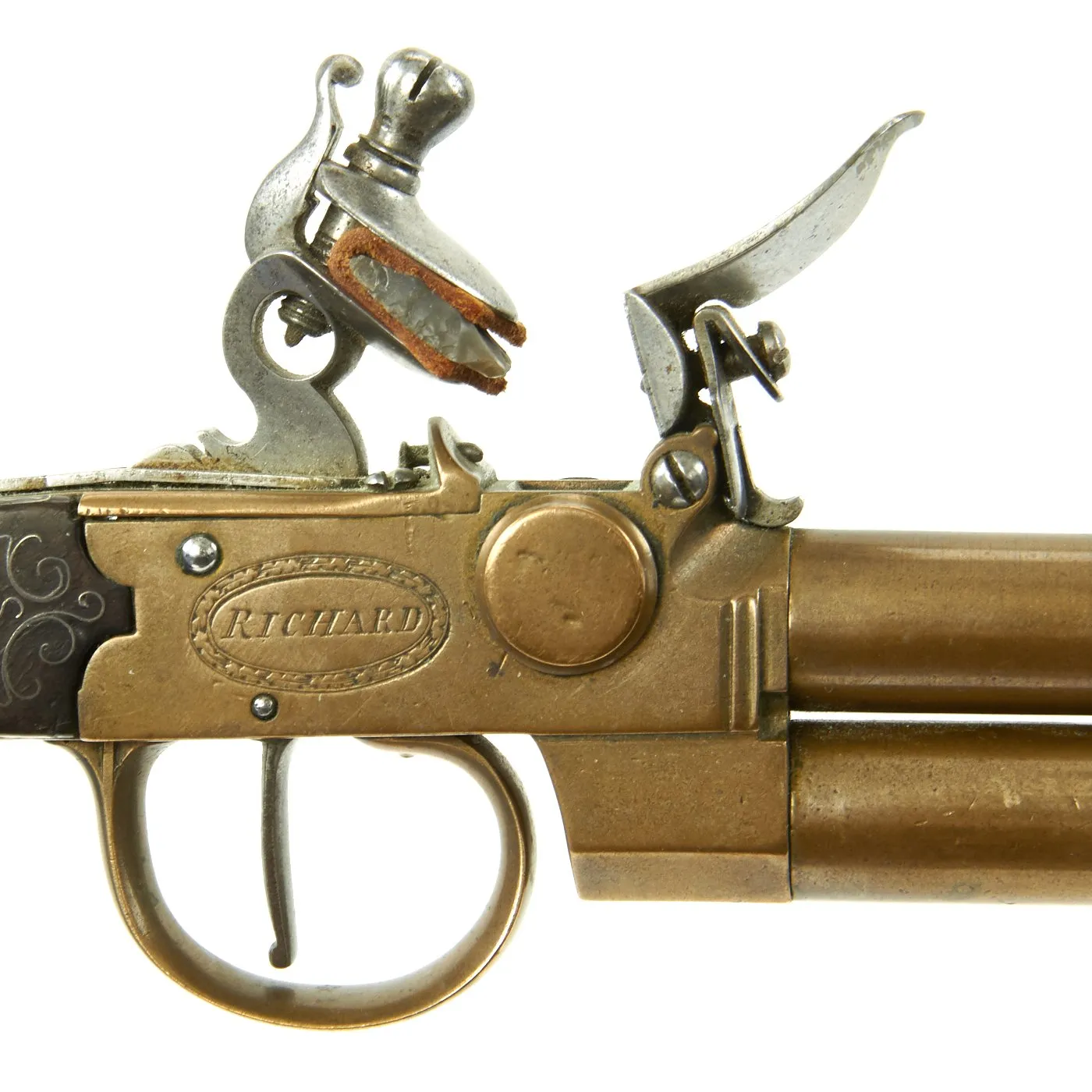 Original British Over & Under Flintlock Double Barrel Brass Tap Action Pistol by Richard of London c. 1780