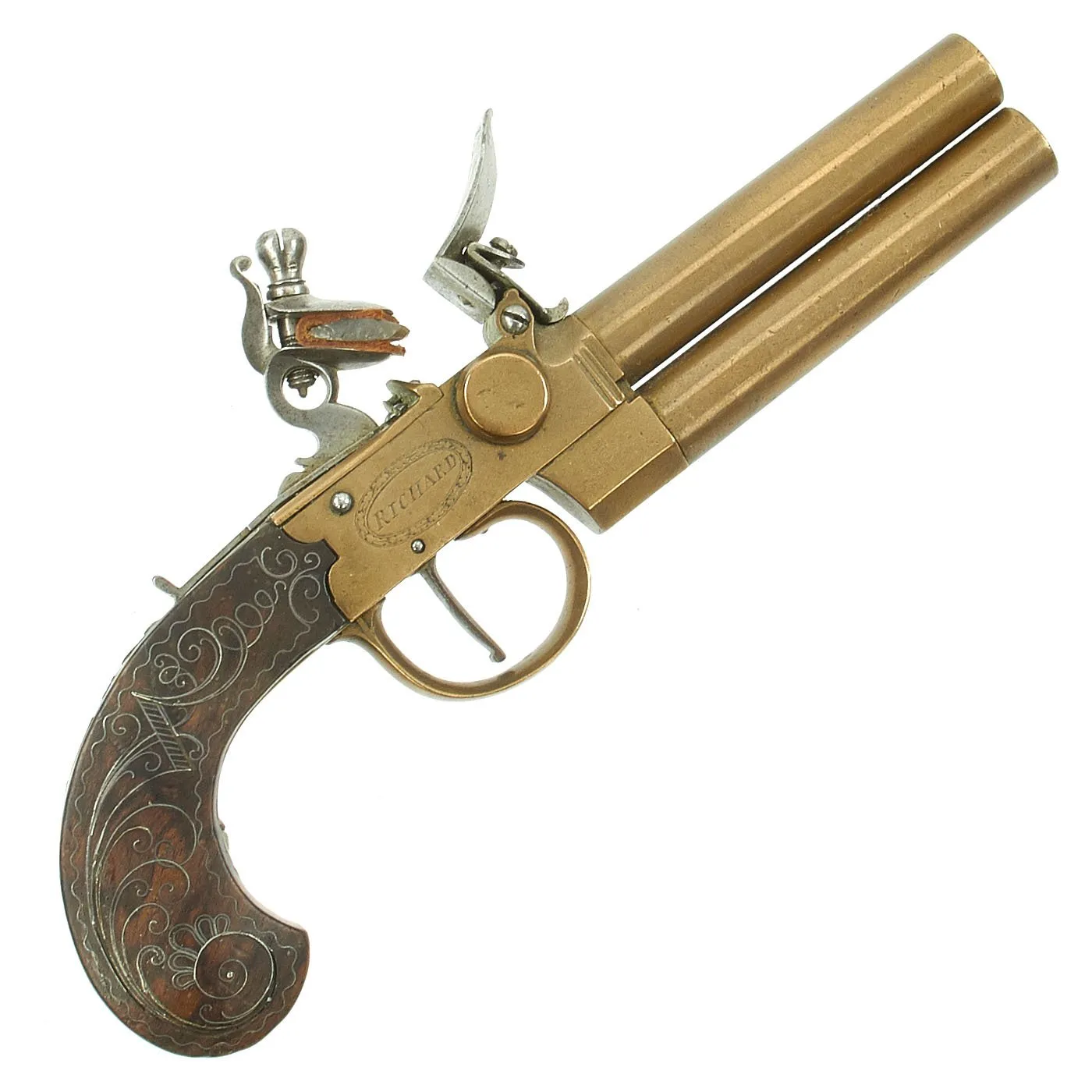 Original British Over & Under Flintlock Double Barrel Brass Tap Action Pistol by Richard of London c. 1780