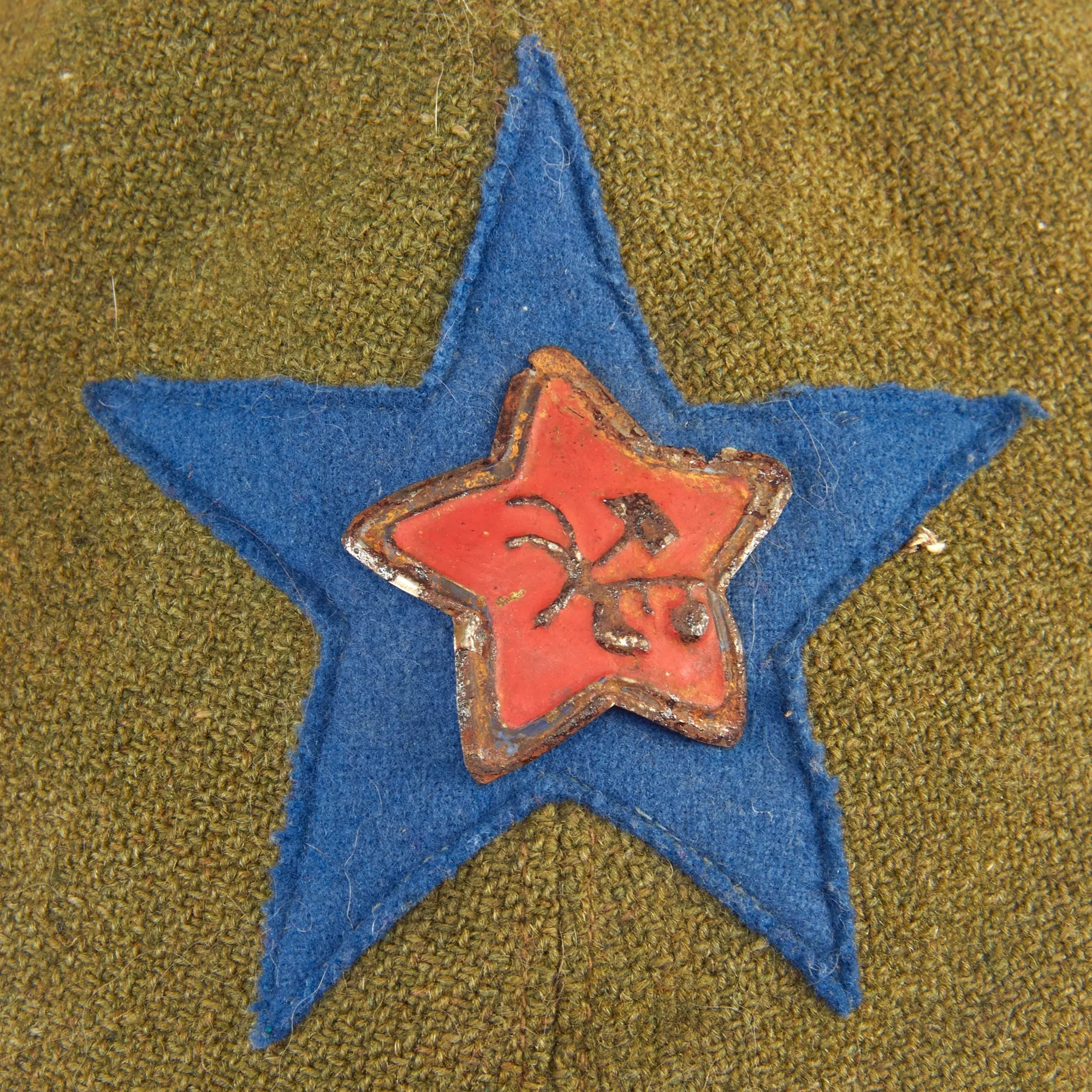 Original Soviet WWII Early M27 Budenovka Winter Cap With Early Cavalry Stamped Steel Badge