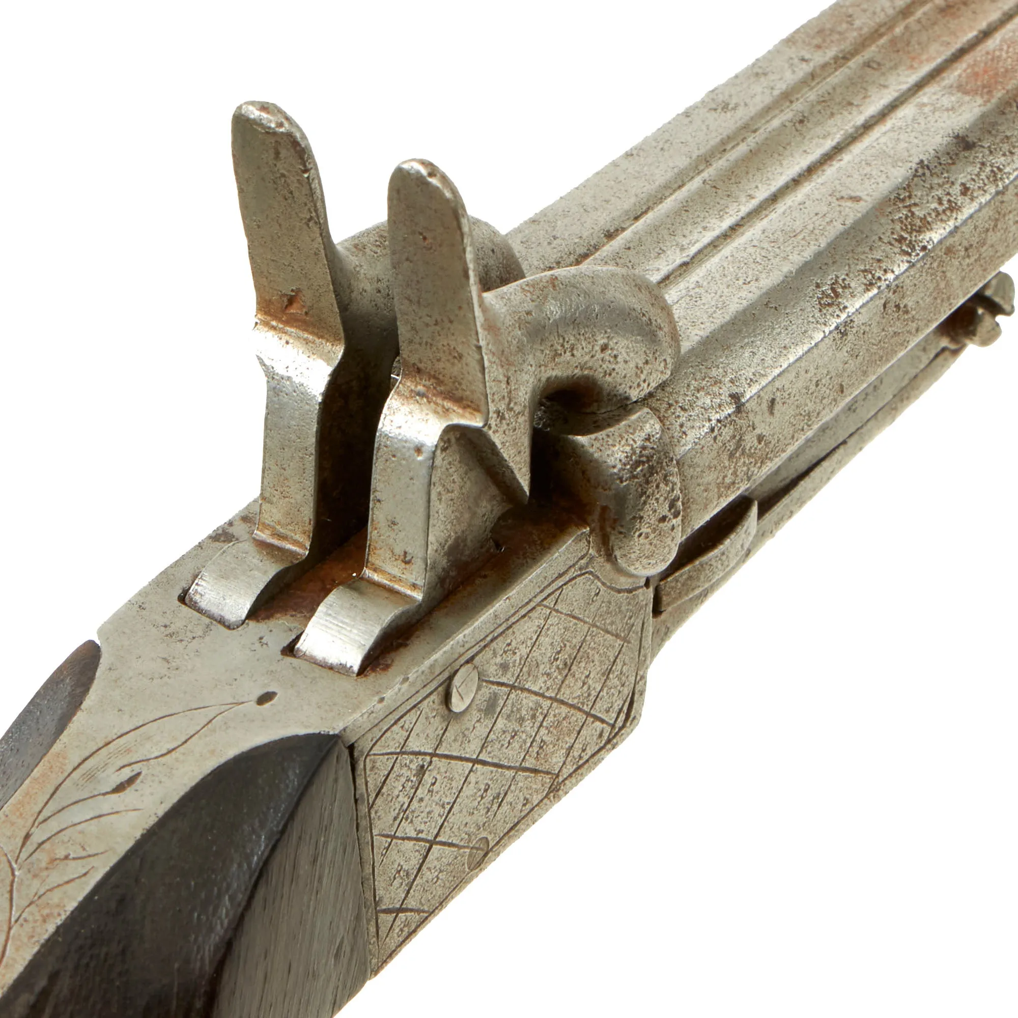 Original U.S. Civil War Era Belgian 11mm Pinfire Double Barrel Pistol with Hidden Triggers - circa 1855