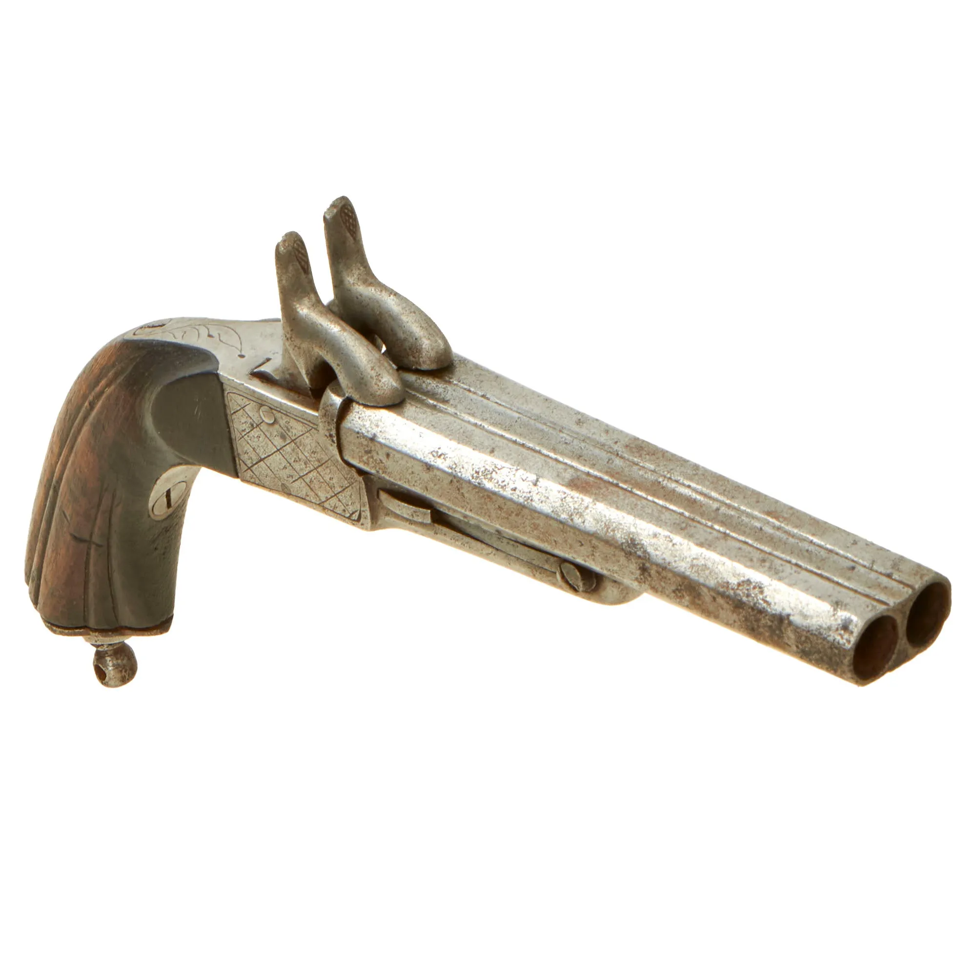 Original U.S. Civil War Era Belgian 11mm Pinfire Double Barrel Pistol with Hidden Triggers - circa 1855