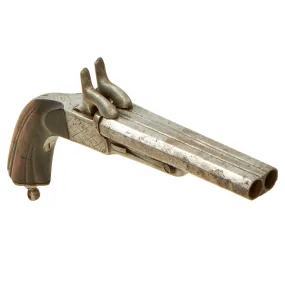 Original U.S. Civil War Era Belgian 11mm Pinfire Double Barrel Pistol with Hidden Triggers - circa 1855