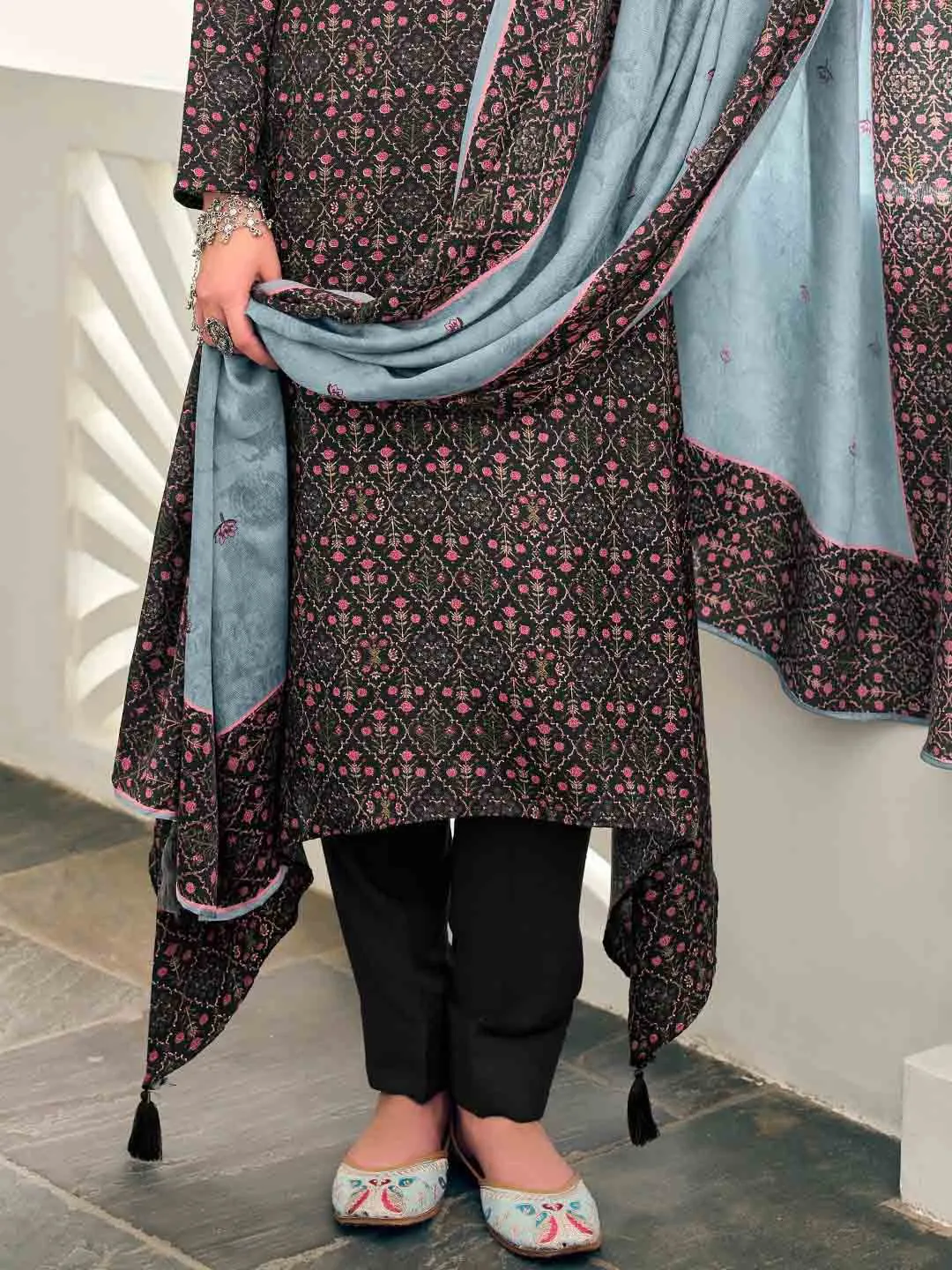 Pashmina Embroidered Black Unstitched Winter Ladies Suits Set