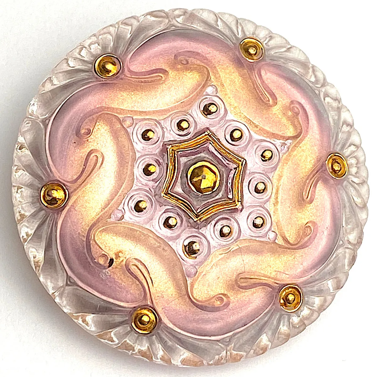 Peachy Pink Czech Glass Handpainted Button 1-5/8", Susan Clarke  #SC278B