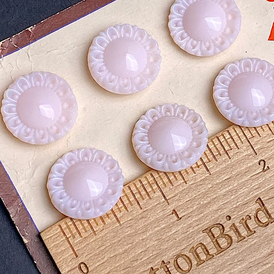 Pink Lace-Edge Flower Domed Vintage Glass Buttons 3/4", Card of 6  #BK-417