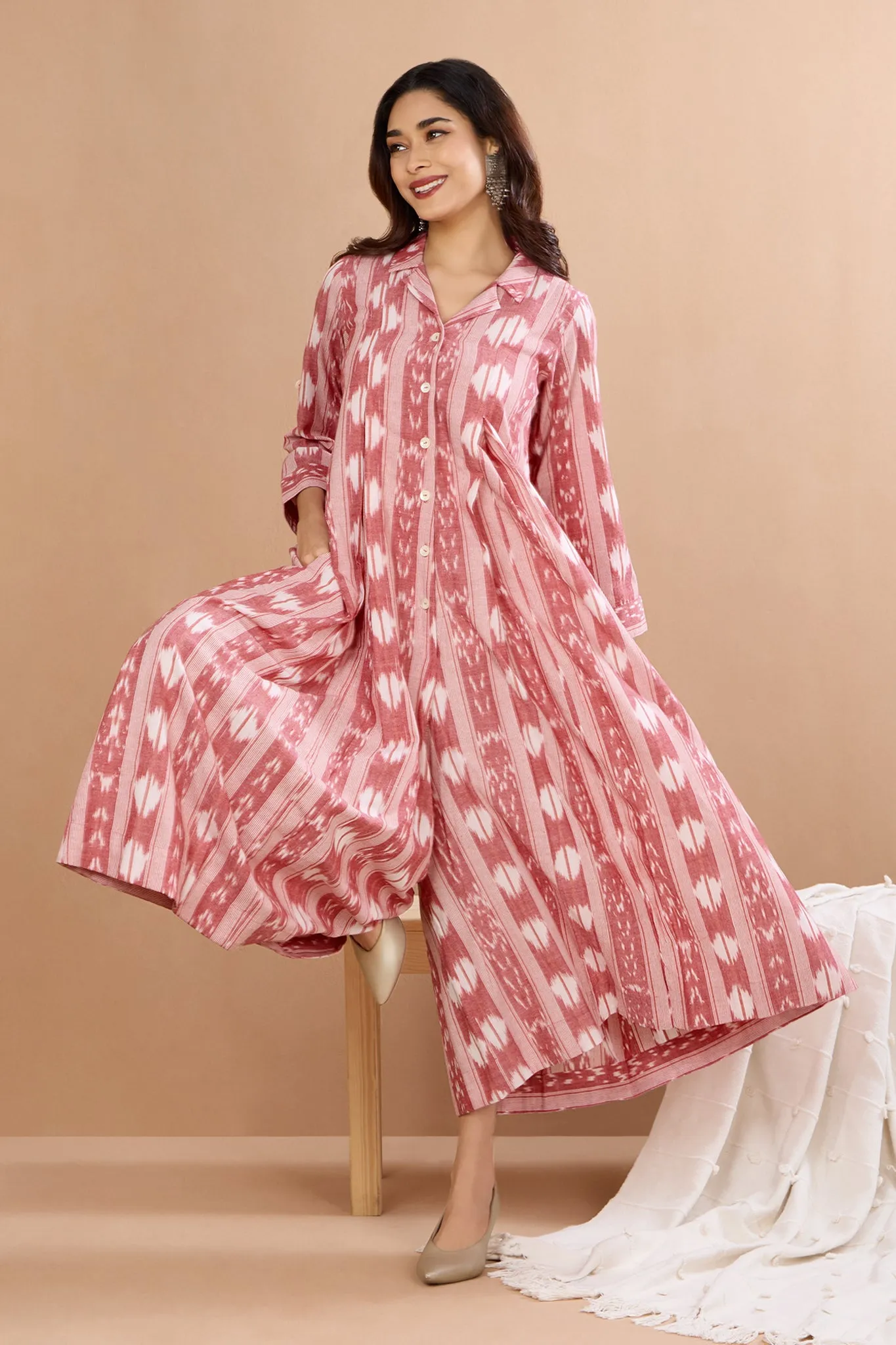 Pink Moonlight Cotton Jumpsuit with Pockets & Collar