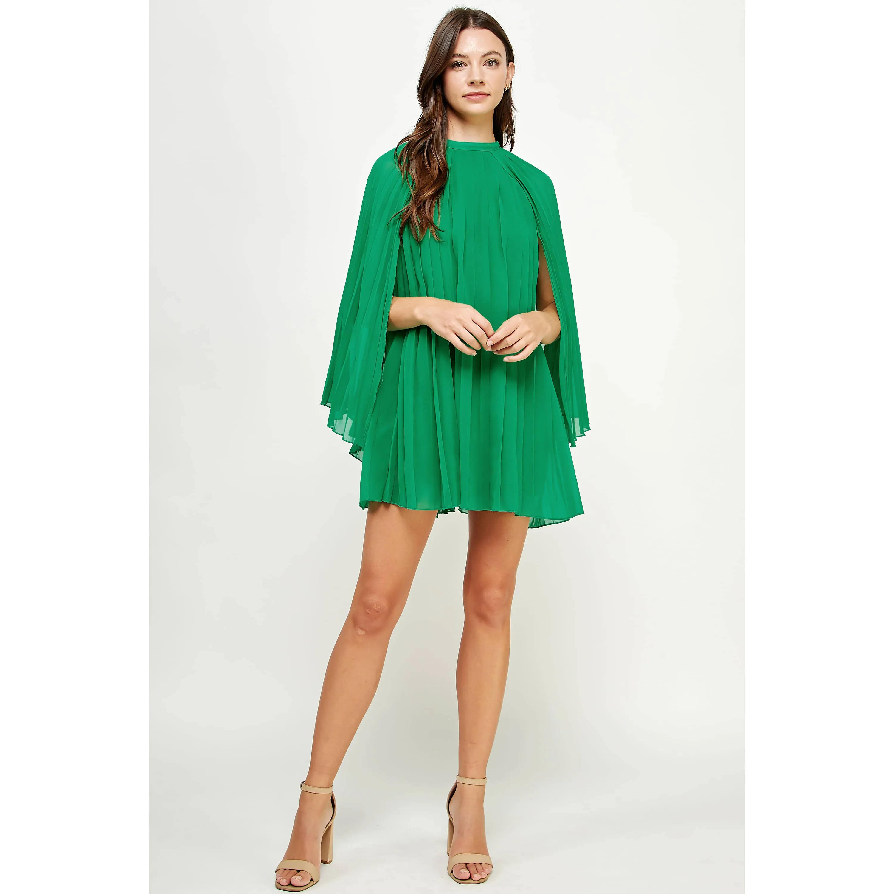 Pleated Chiffon Cape Shift Mini Dress