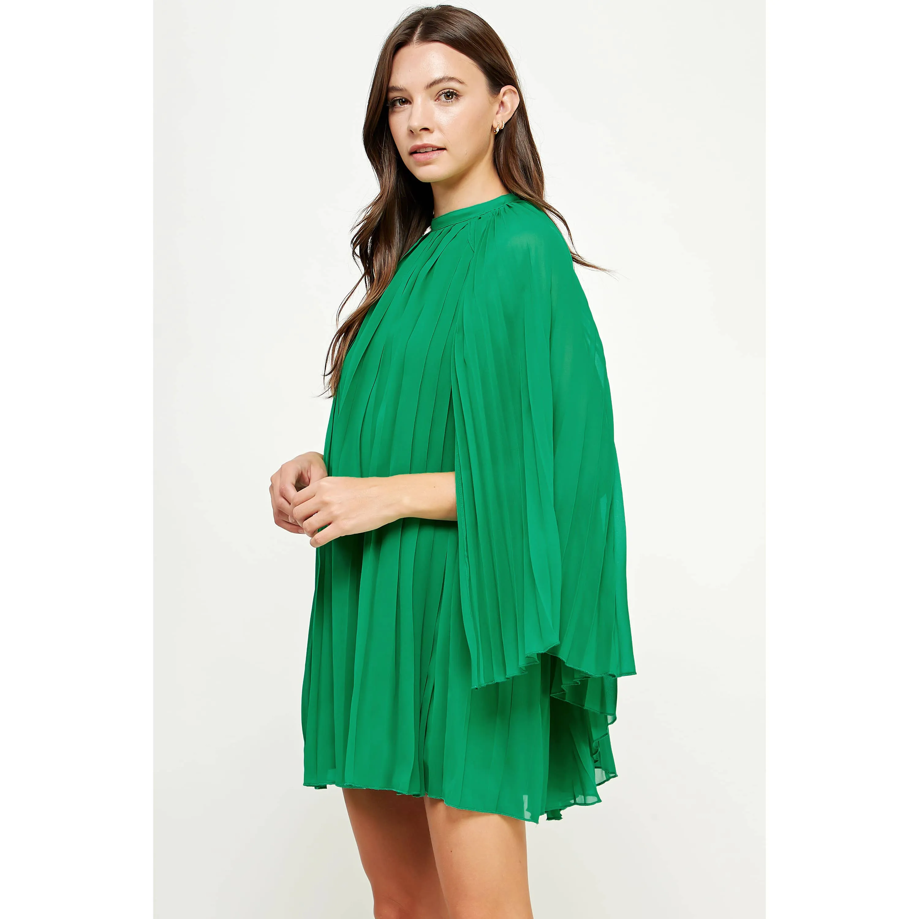 Pleated Chiffon Cape Shift Mini Dress