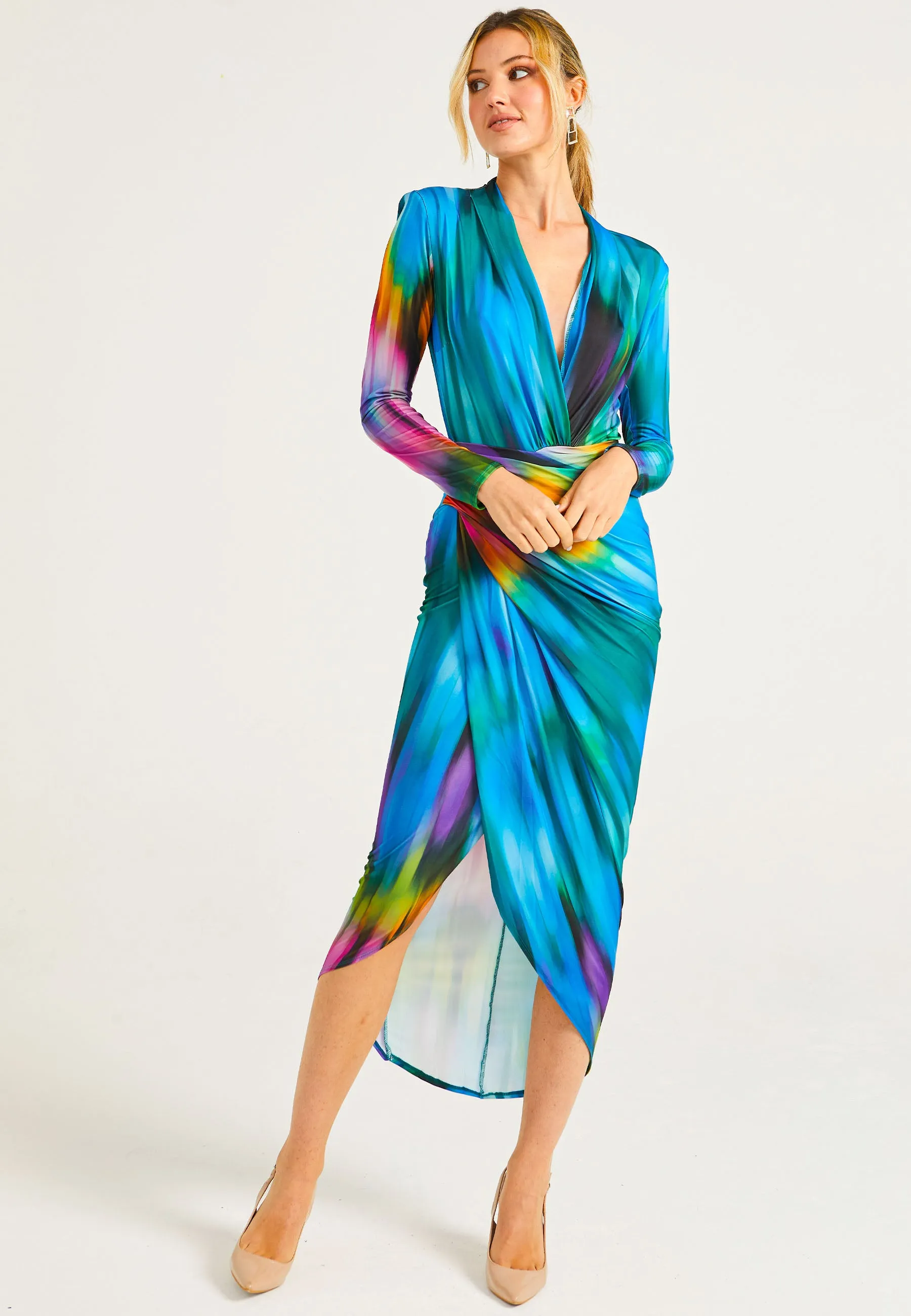 Plunge Neck Faux Wrap Print Midi Dress in Tie Dye