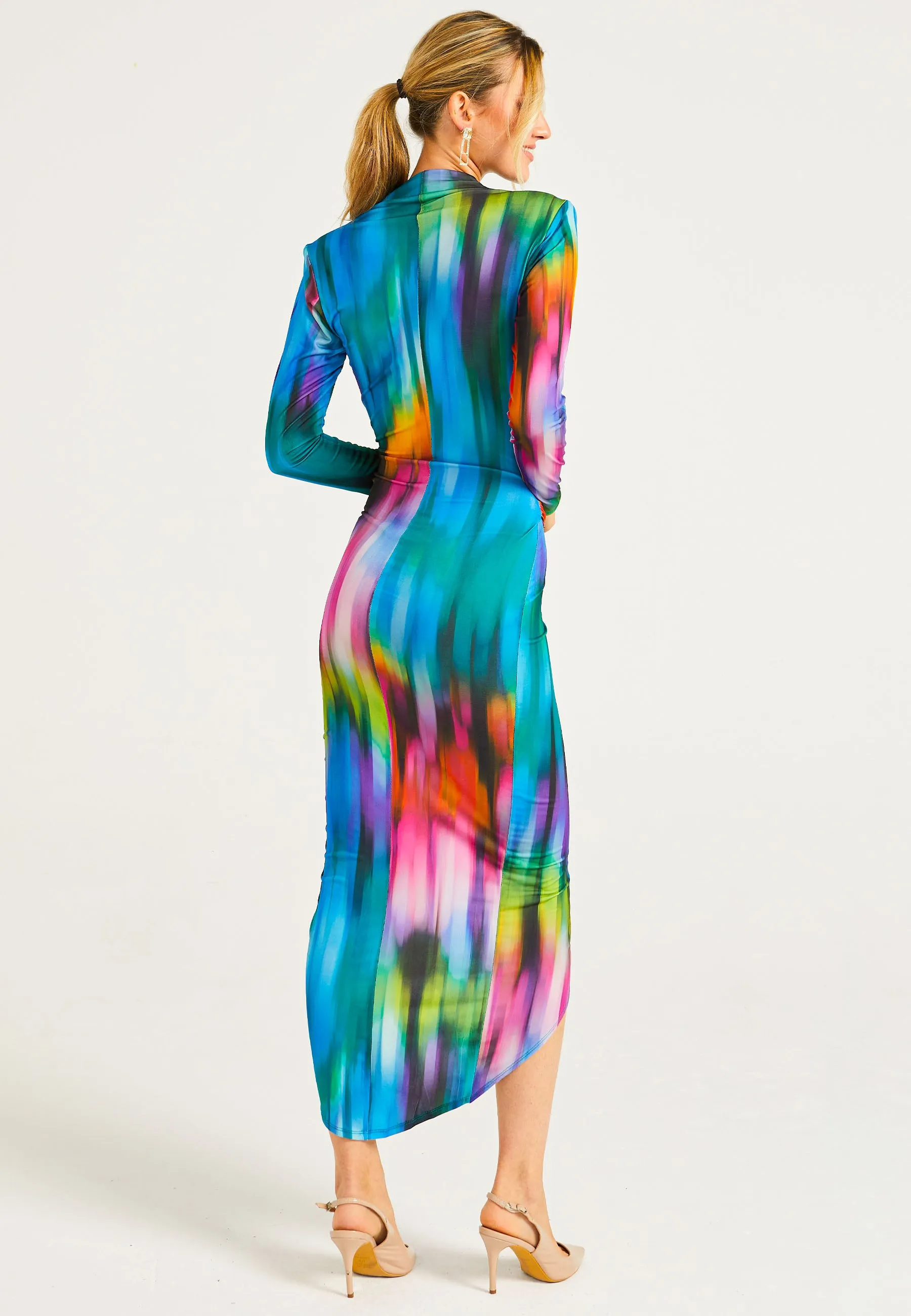 Plunge Neck Faux Wrap Print Midi Dress in Tie Dye