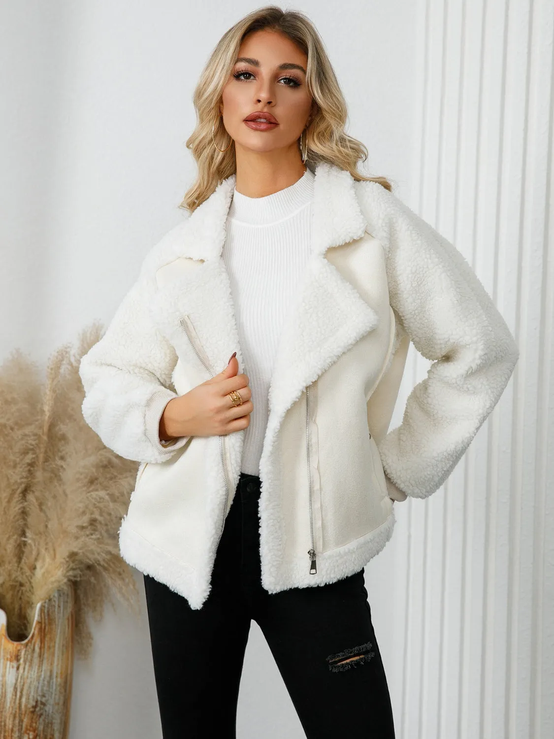 Pocketed Sherpa Zip Up Long Sleeve Jacket | Outerwear | Winter Fashion