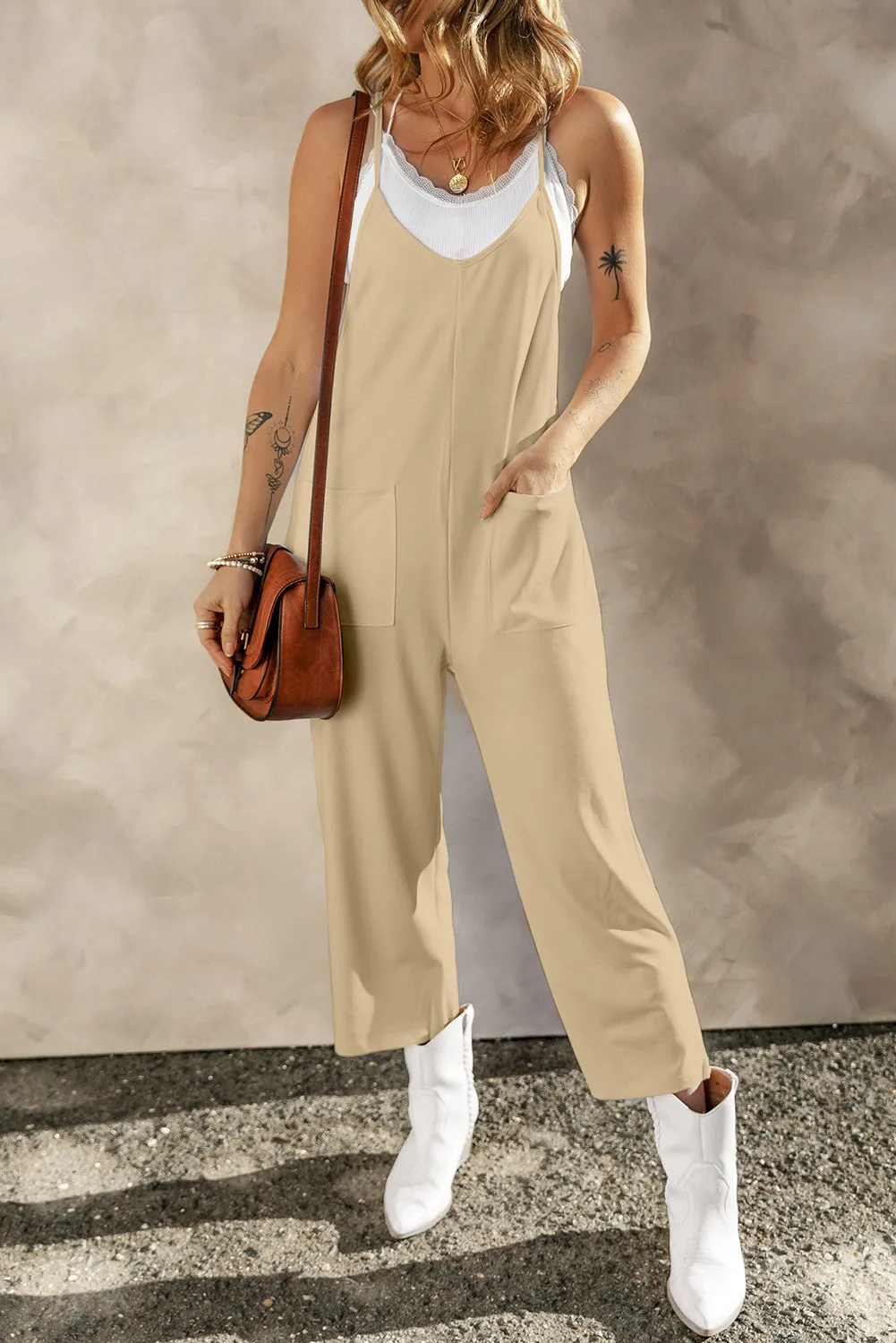 Pocketed Spaghetti Strap Wide Leg Jumpsuit