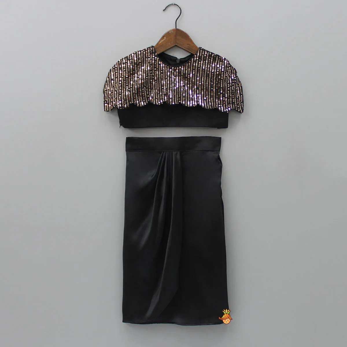 Pre Order: Black Crop Top With Sequined Scalloped Cape And Dhoti Style Skirt