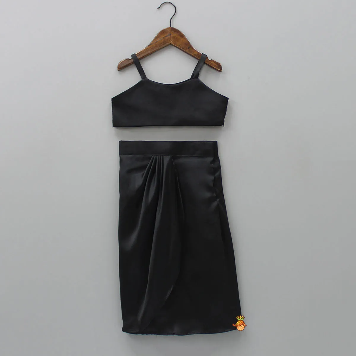 Pre Order: Black Crop Top With Sequined Scalloped Cape And Dhoti Style Skirt