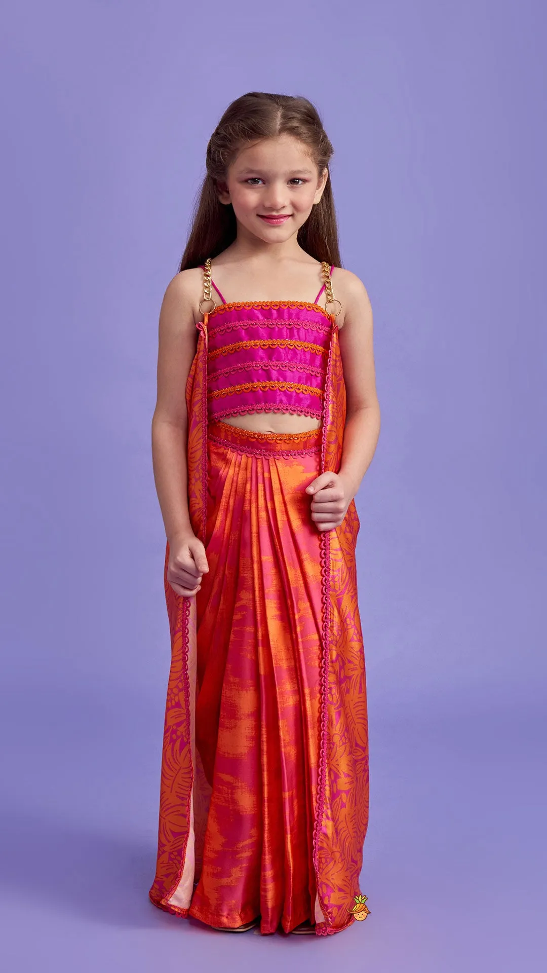 Pre Order: Dual-Colour Top And Stylish Dhoti Skirt With Matching Cape And Hairband