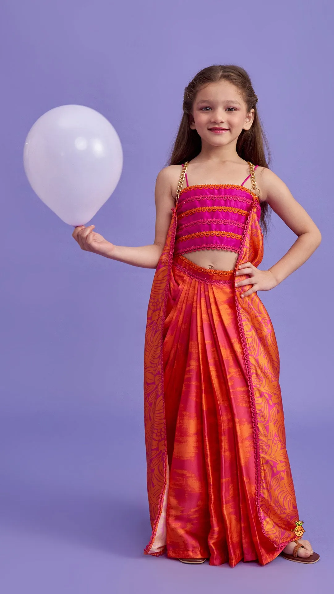 Pre Order: Dual-Colour Top And Stylish Dhoti Skirt With Matching Cape And Hairband