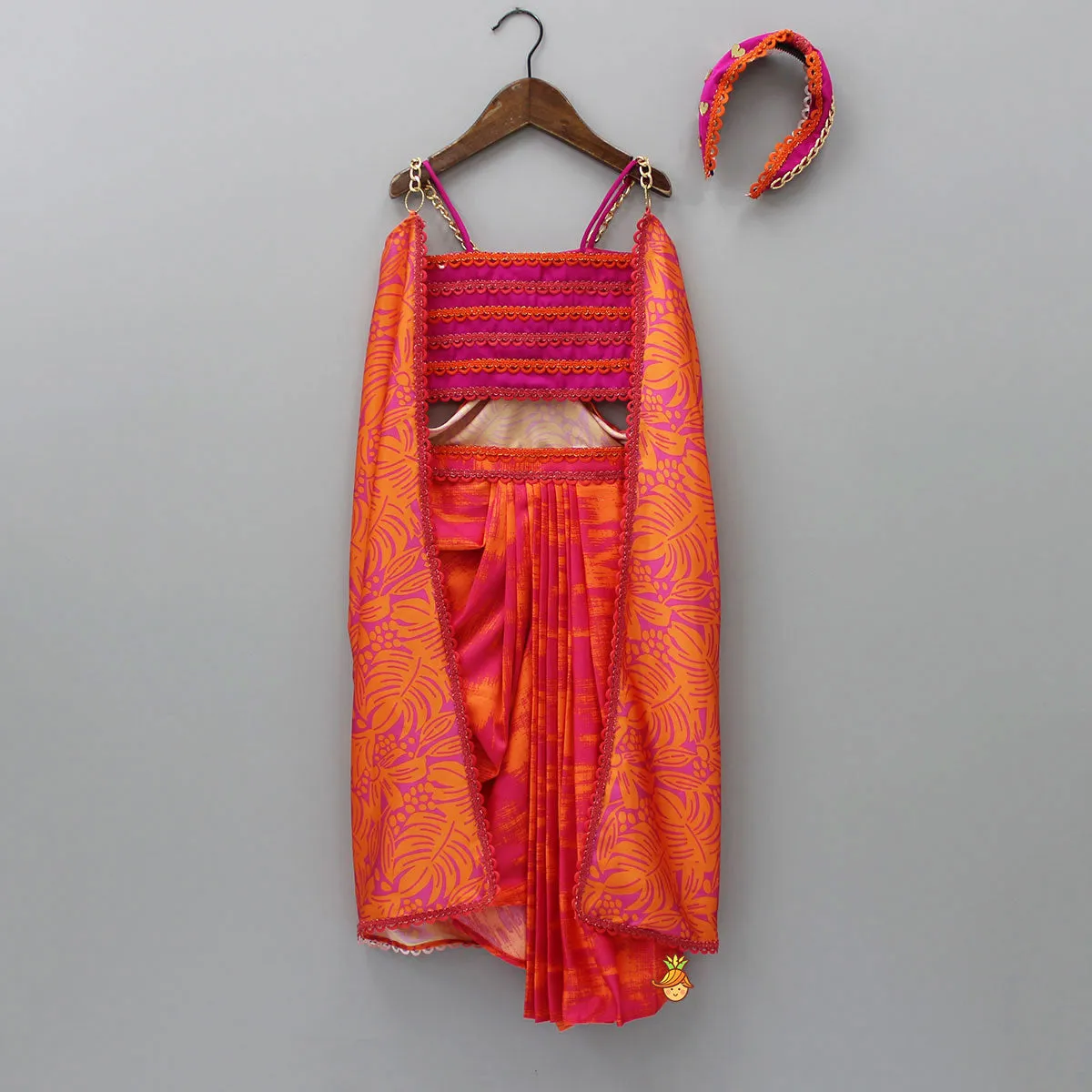 Pre Order: Dual-Colour Top And Stylish Dhoti Skirt With Matching Cape And Hairband