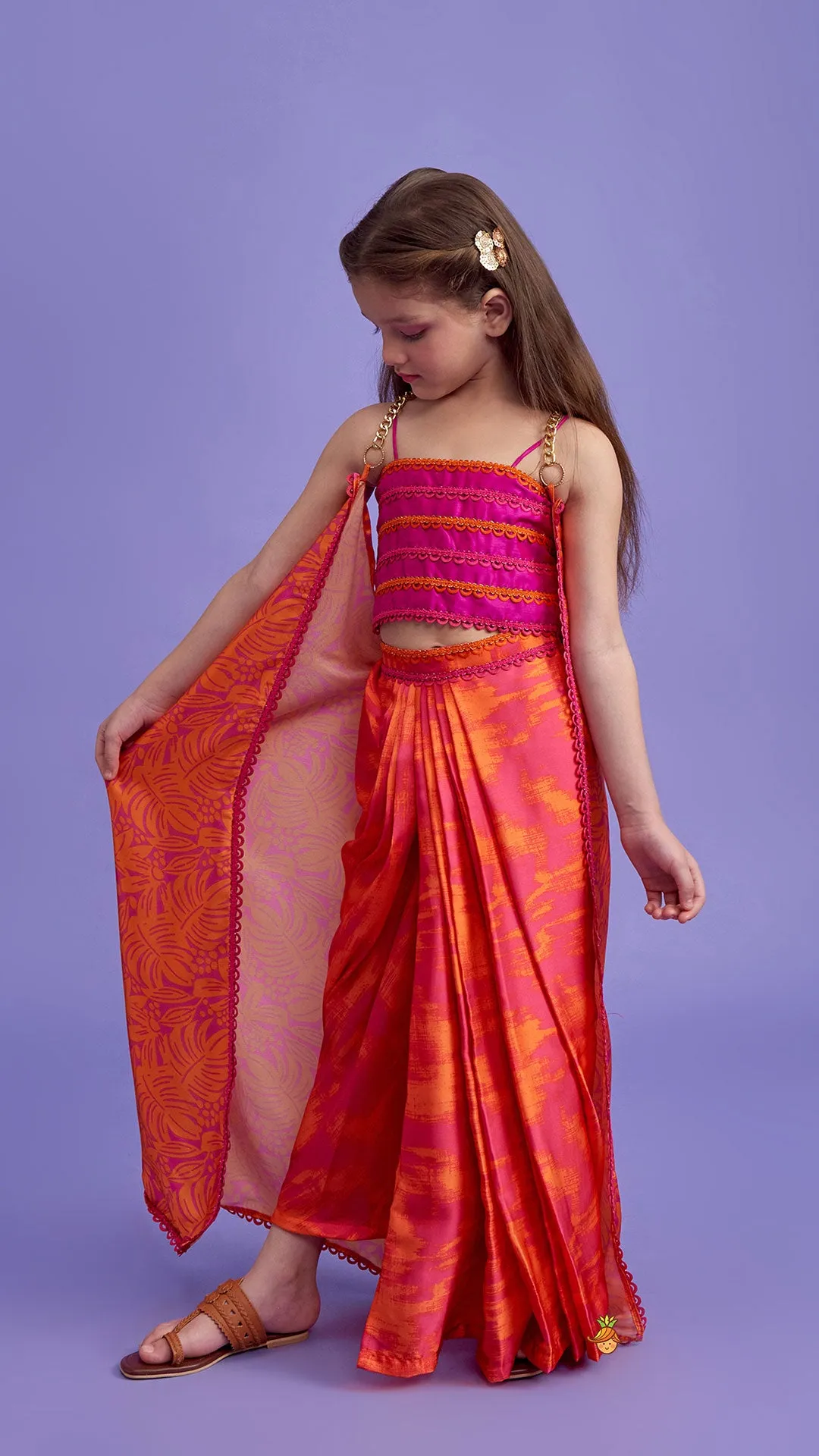 Pre Order: Dual-Colour Top And Stylish Dhoti Skirt With Matching Cape And Hairband