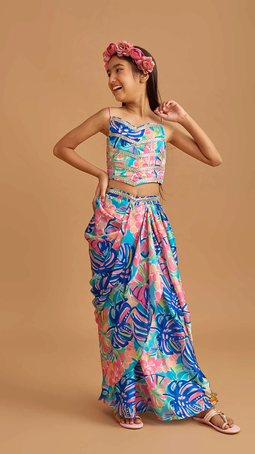 Pre Order: Multicolour Printed Lace Work Top With Cape And Dhoti Style Skirt