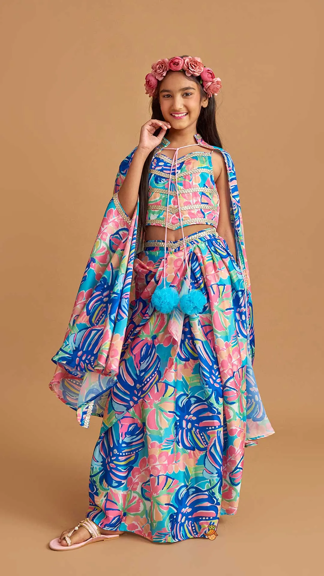 Pre Order: Multicolour Printed Lace Work Top With Cape And Dhoti Style Skirt