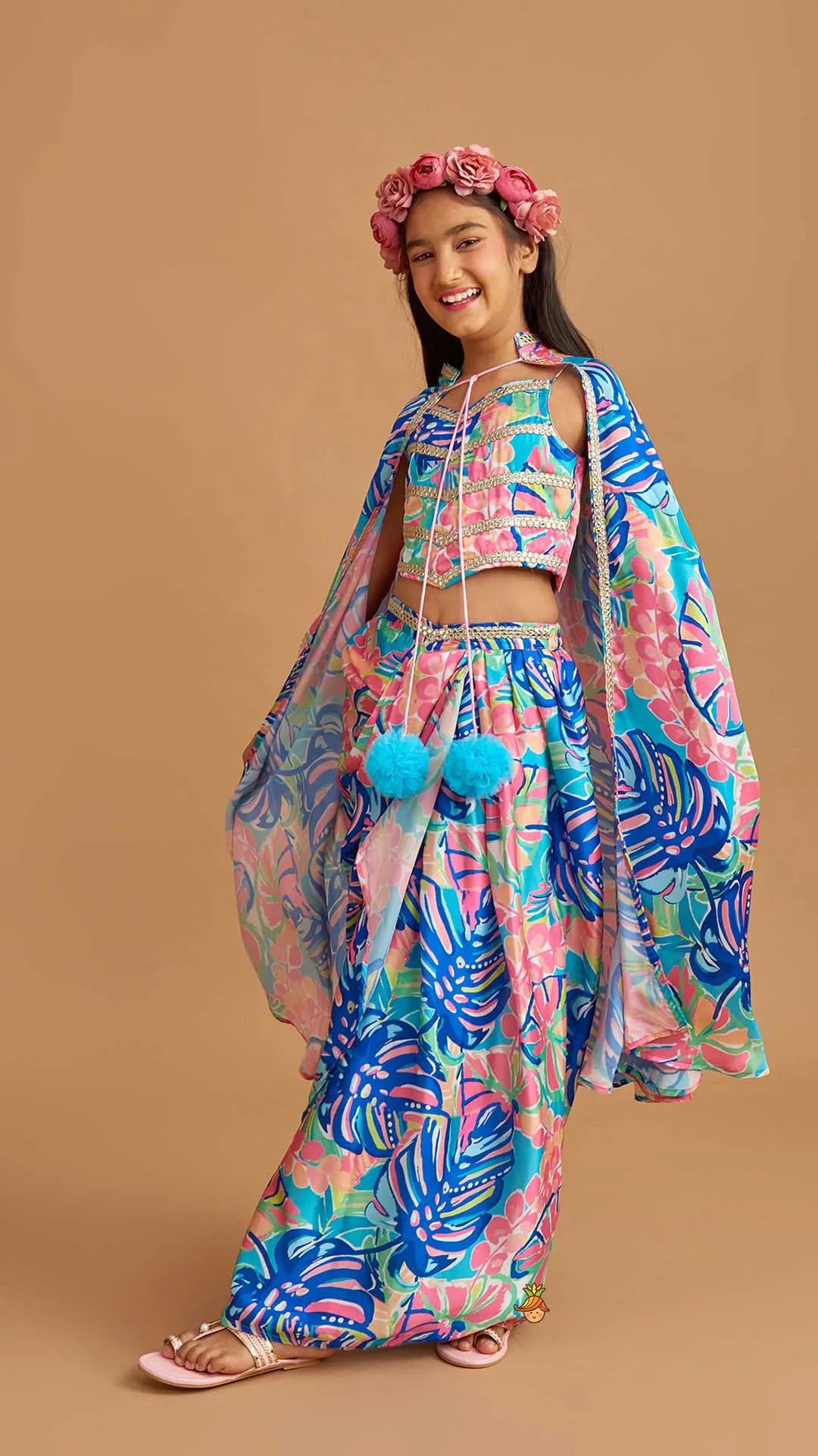 Pre Order: Multicolour Printed Lace Work Top With Cape And Dhoti Style Skirt