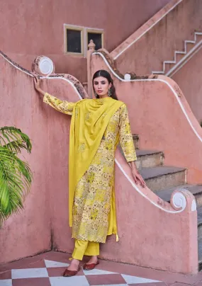 Printed Yellow Winter Unstitched Pashmina Salwar Suit