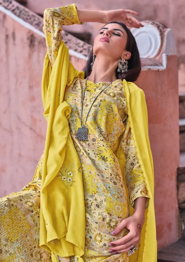 Printed Yellow Winter Unstitched Pashmina Salwar Suit