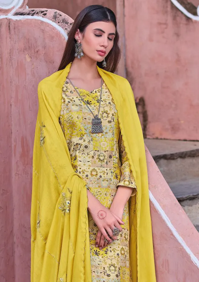 Printed Yellow Winter Unstitched Pashmina Salwar Suit