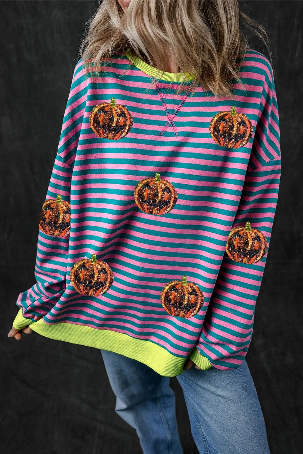 Pumpkin Striped Round Neck Long Sleeve Sweatshirt