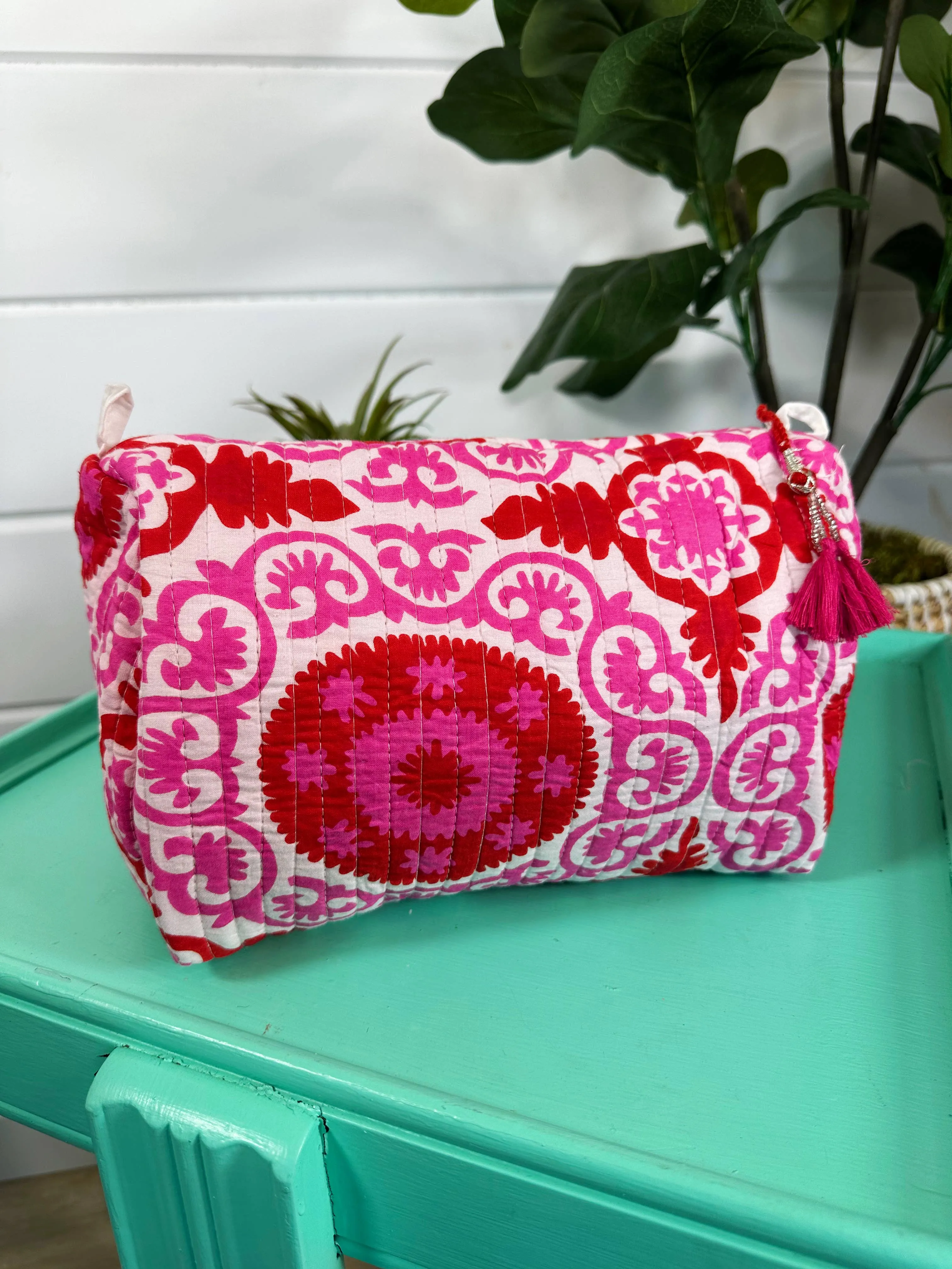 Quilted Makeup Bag | Travel Cosmetic Toiletry Bag | Pink Red