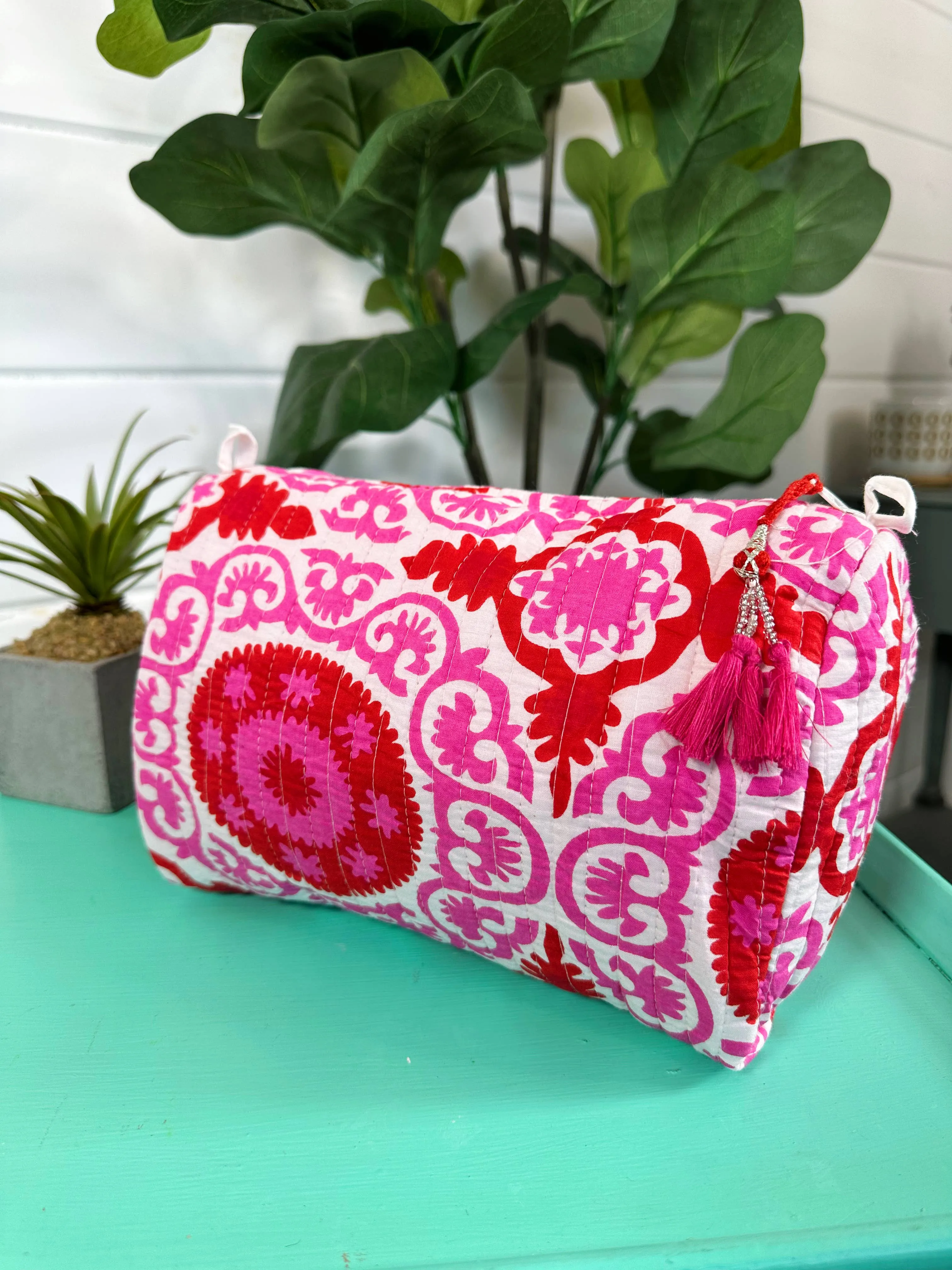 Quilted Makeup Bag | Travel Cosmetic Toiletry Bag | Pink Red