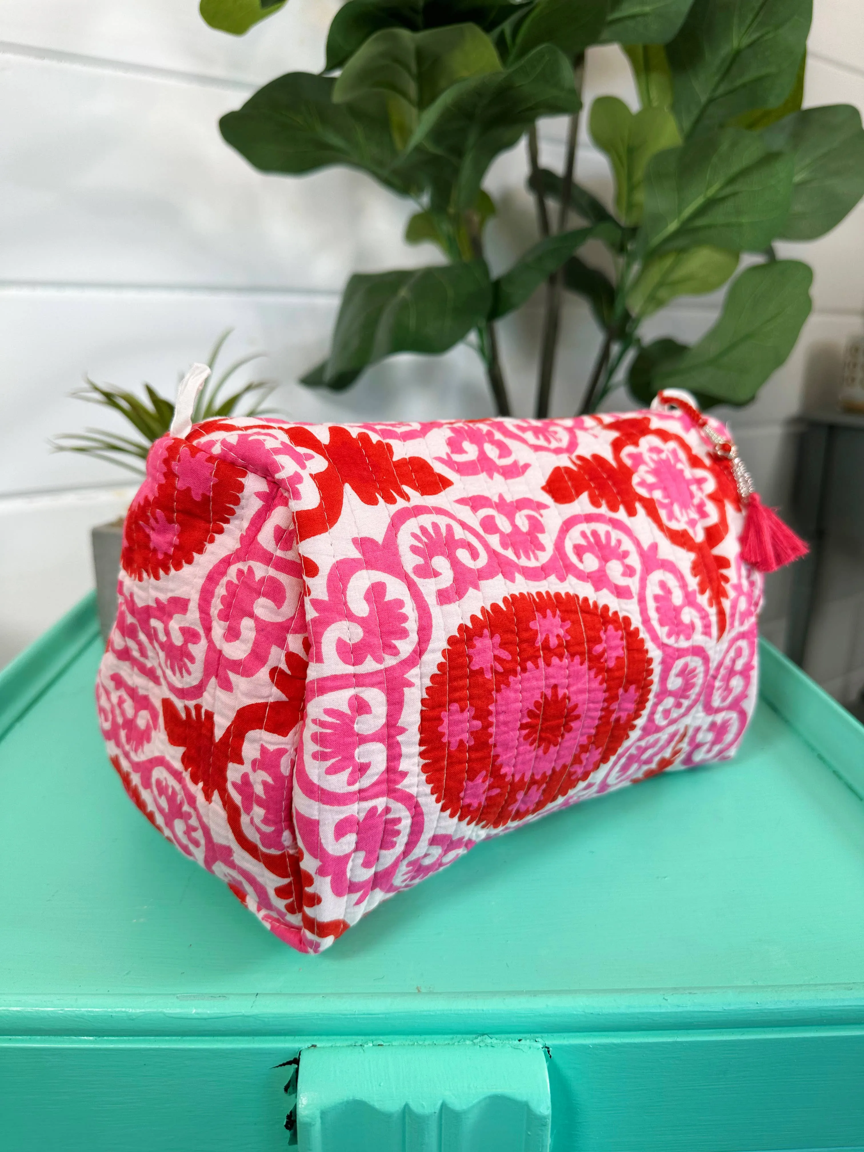 Quilted Makeup Bag | Travel Cosmetic Toiletry Bag | Pink Red