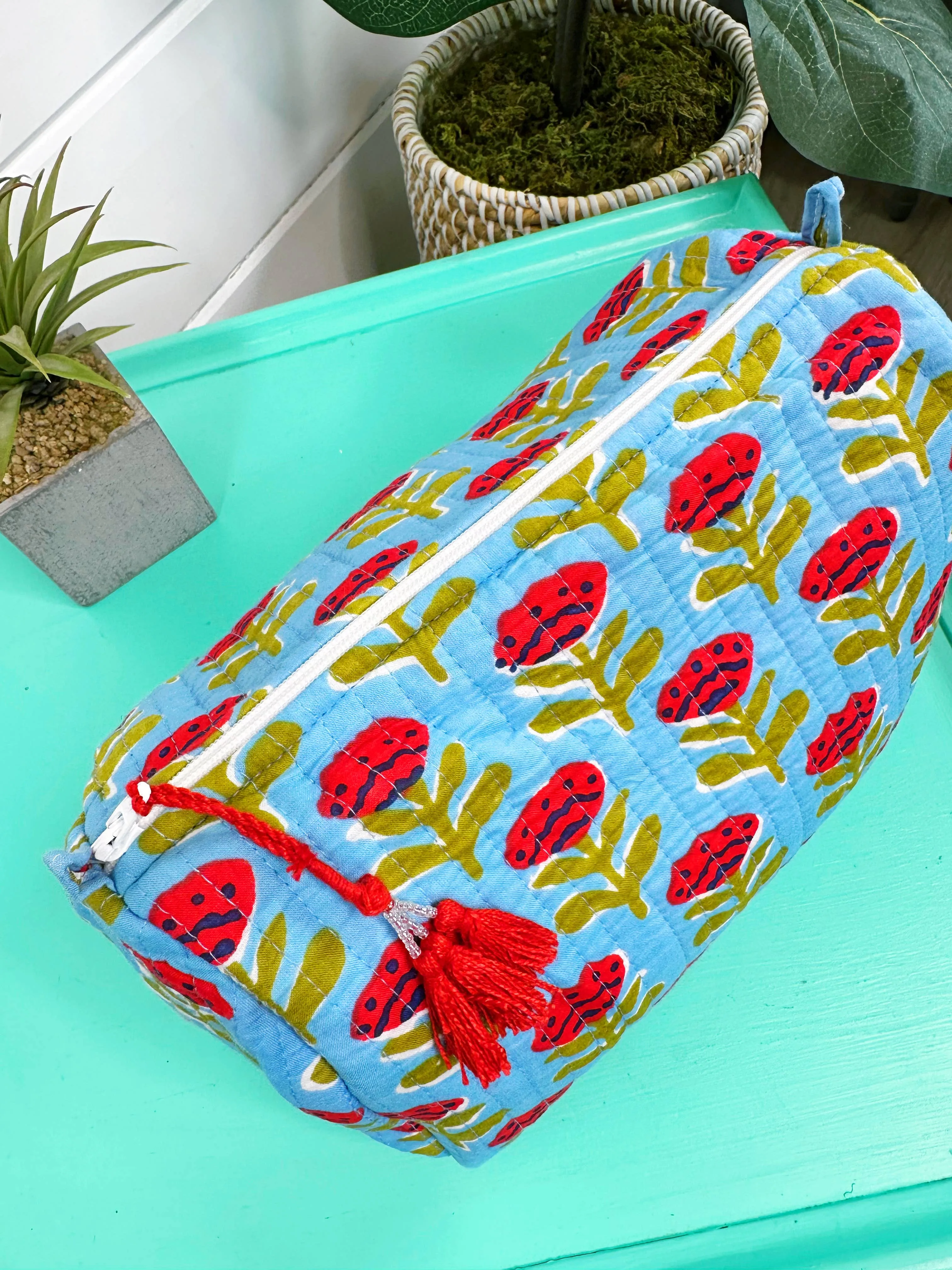 Quilted Makeup Bags | Cosmetic Toiletry Bag | Blue Floral