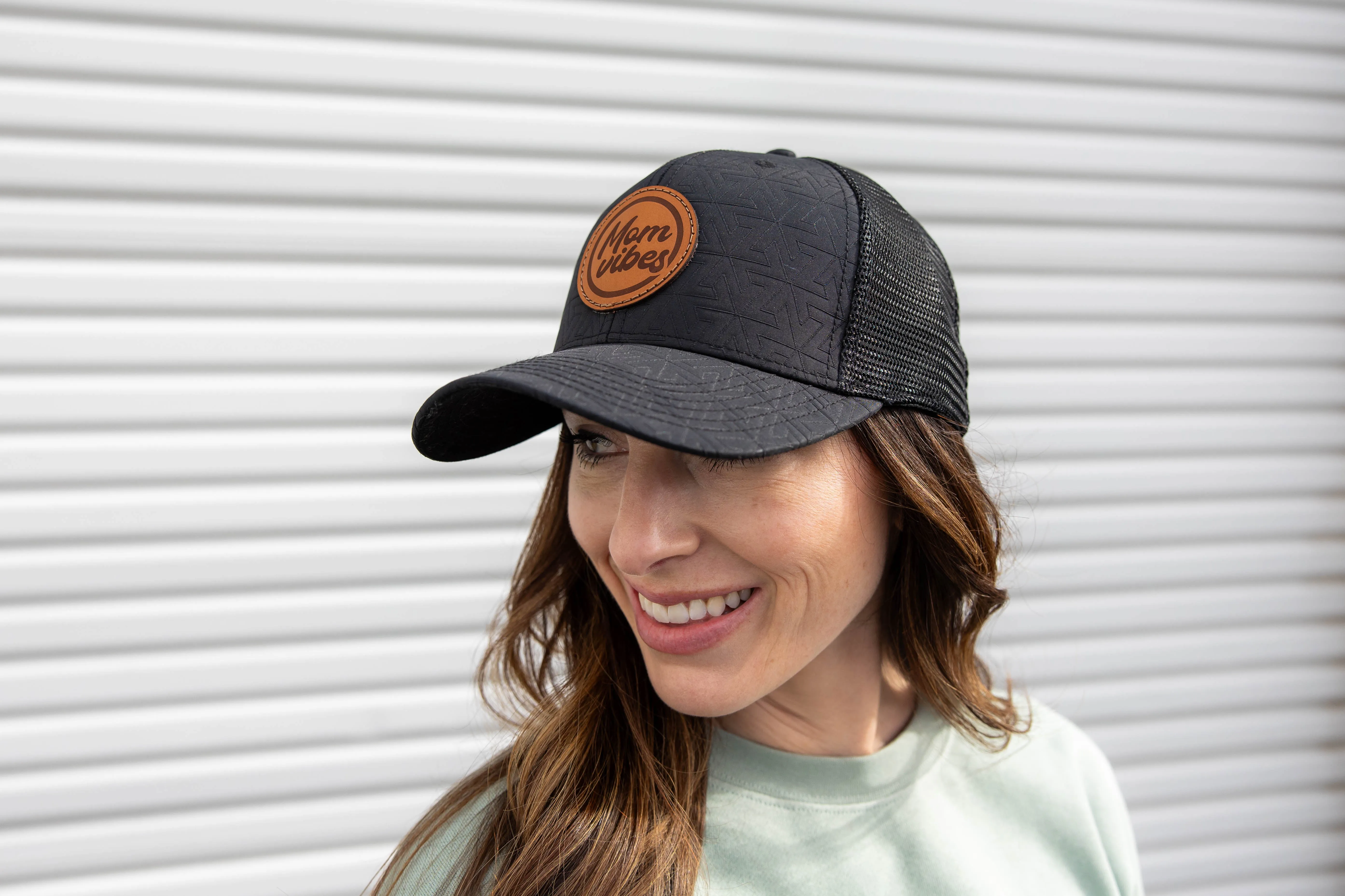 Quilted MomVibes Circle Patch - Curved Bill Trucker Snapback