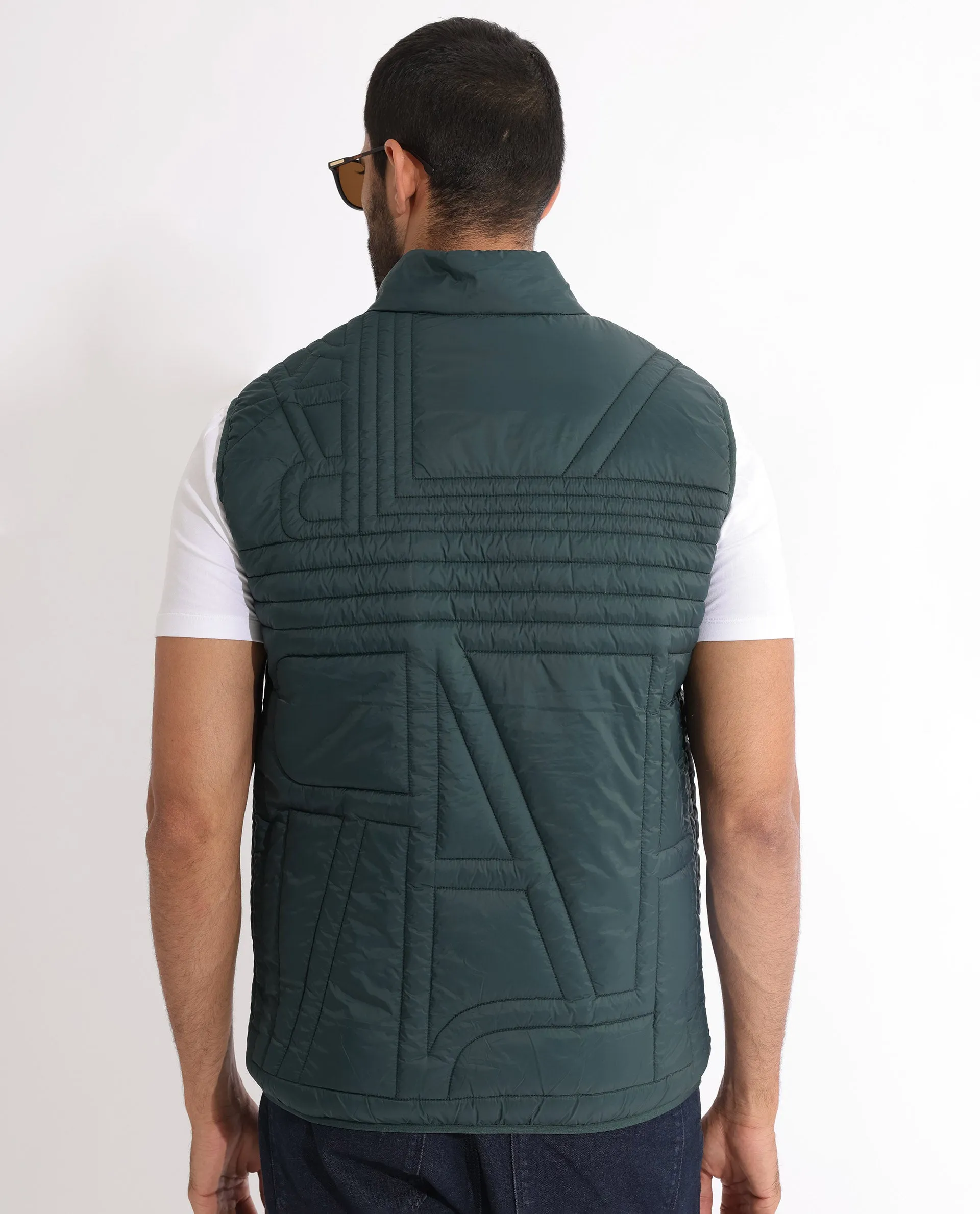 Rare Rabbit Men's Queltex Dark Petrol Branded Sleeveless Quilted Puffer Jacket