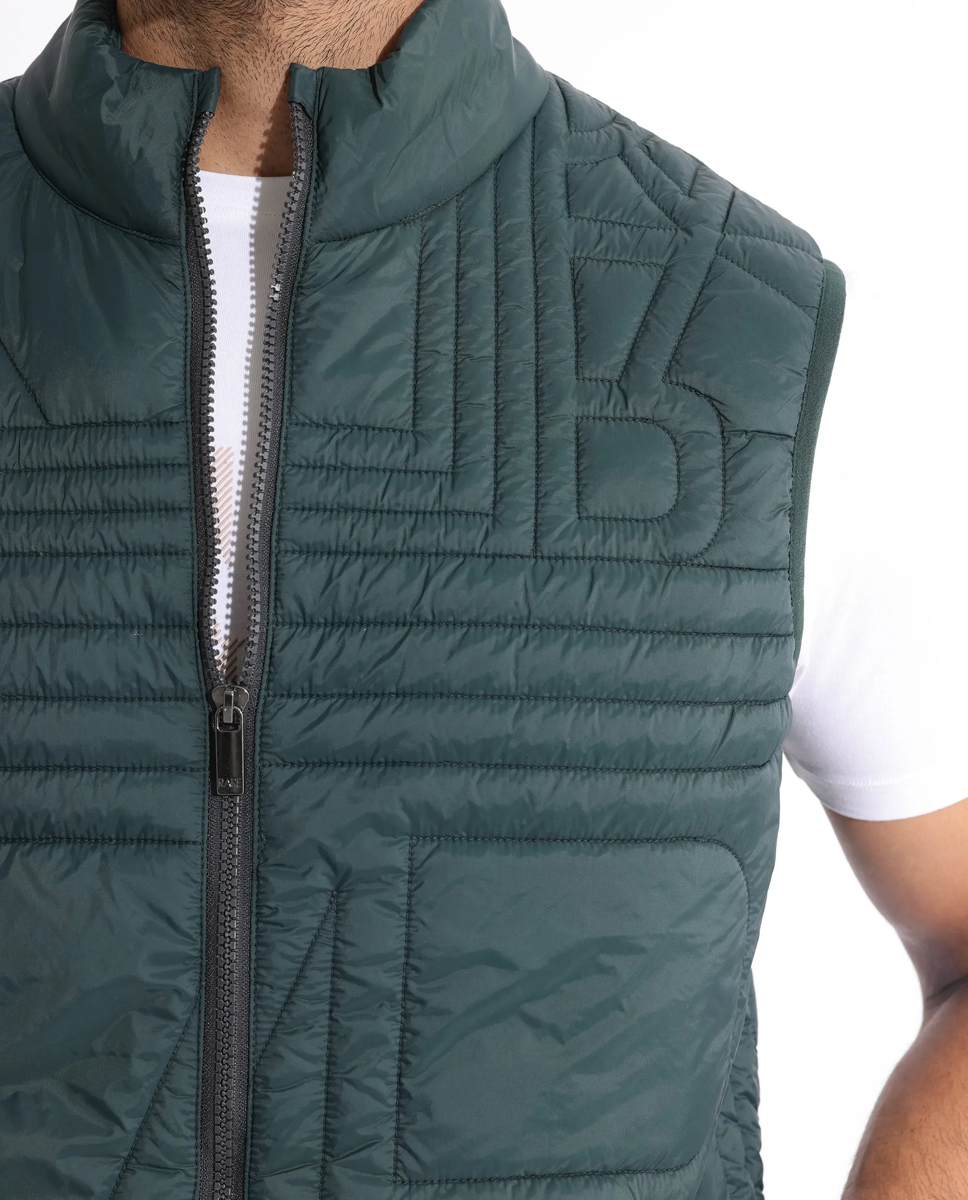 Rare Rabbit Men's Queltex Dark Petrol Branded Sleeveless Quilted Puffer Jacket