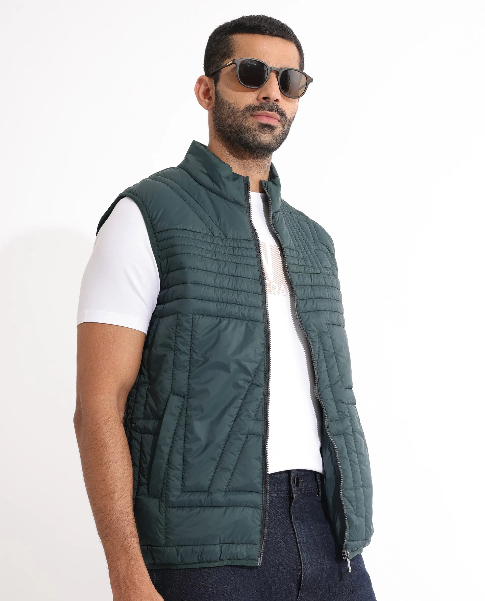 Rare Rabbit Men's Queltex Dark Petrol Branded Sleeveless Quilted Puffer Jacket