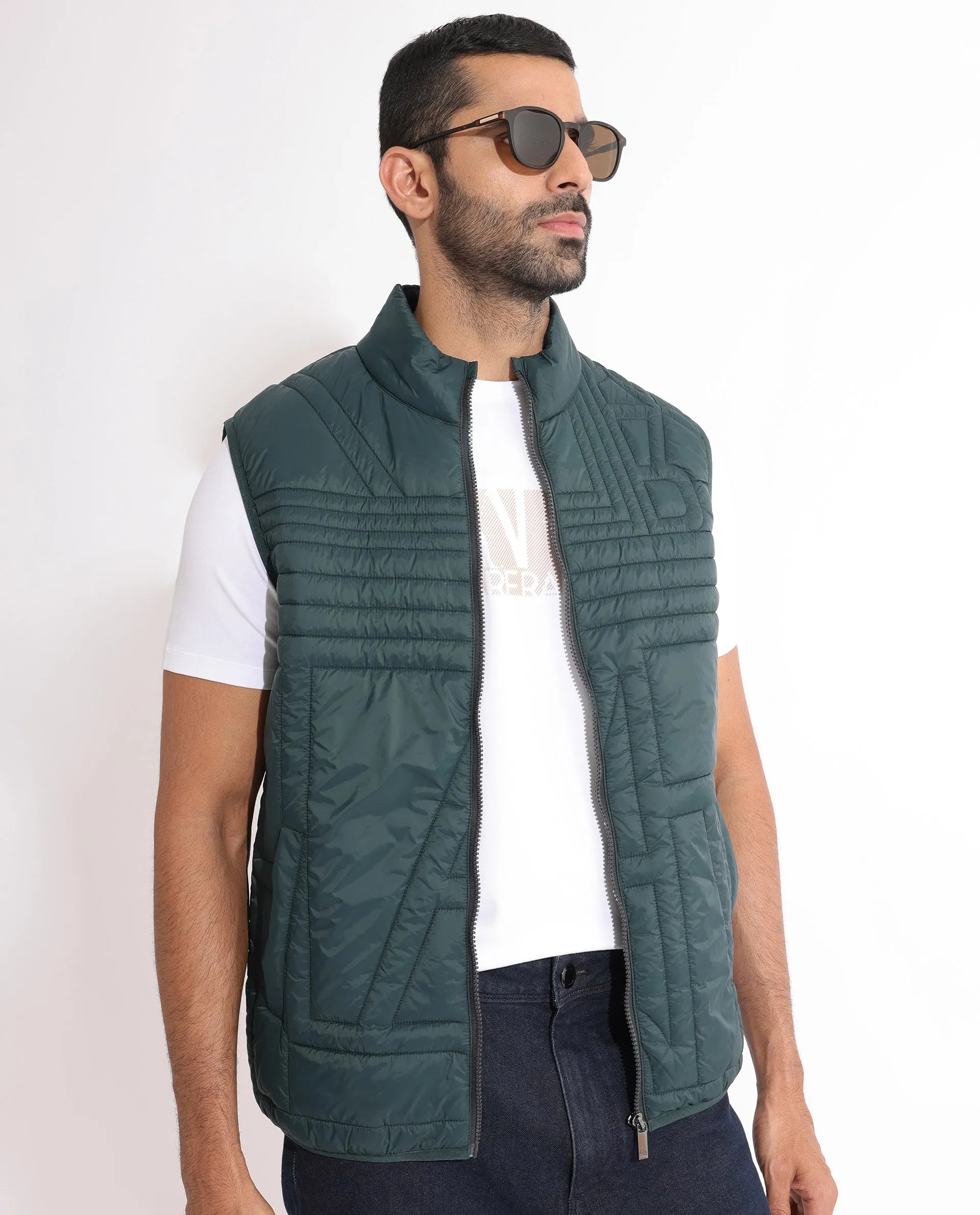 Rare Rabbit Men's Queltex Dark Petrol Branded Sleeveless Quilted Puffer Jacket