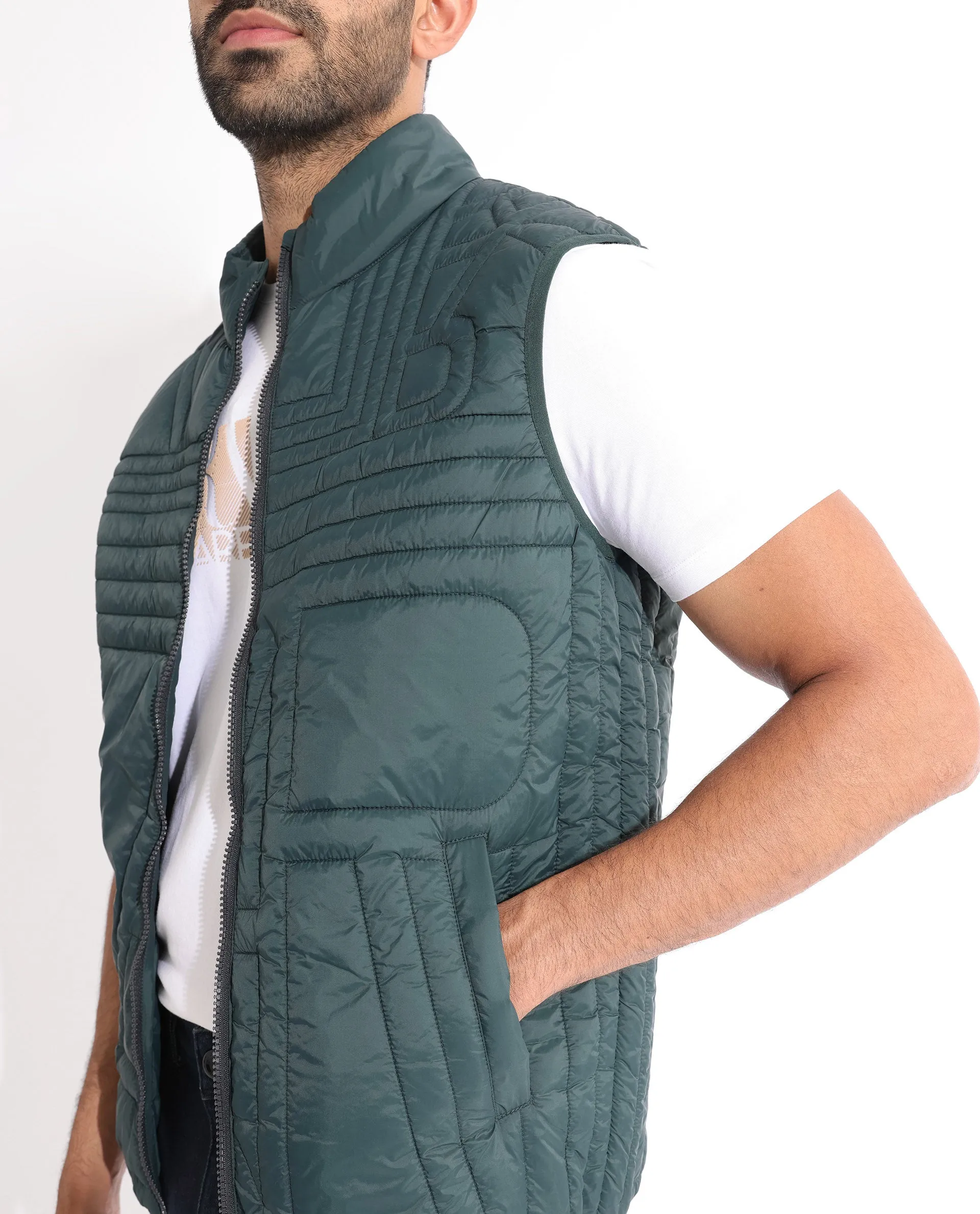 Rare Rabbit Men's Queltex Dark Petrol Branded Sleeveless Quilted Puffer Jacket