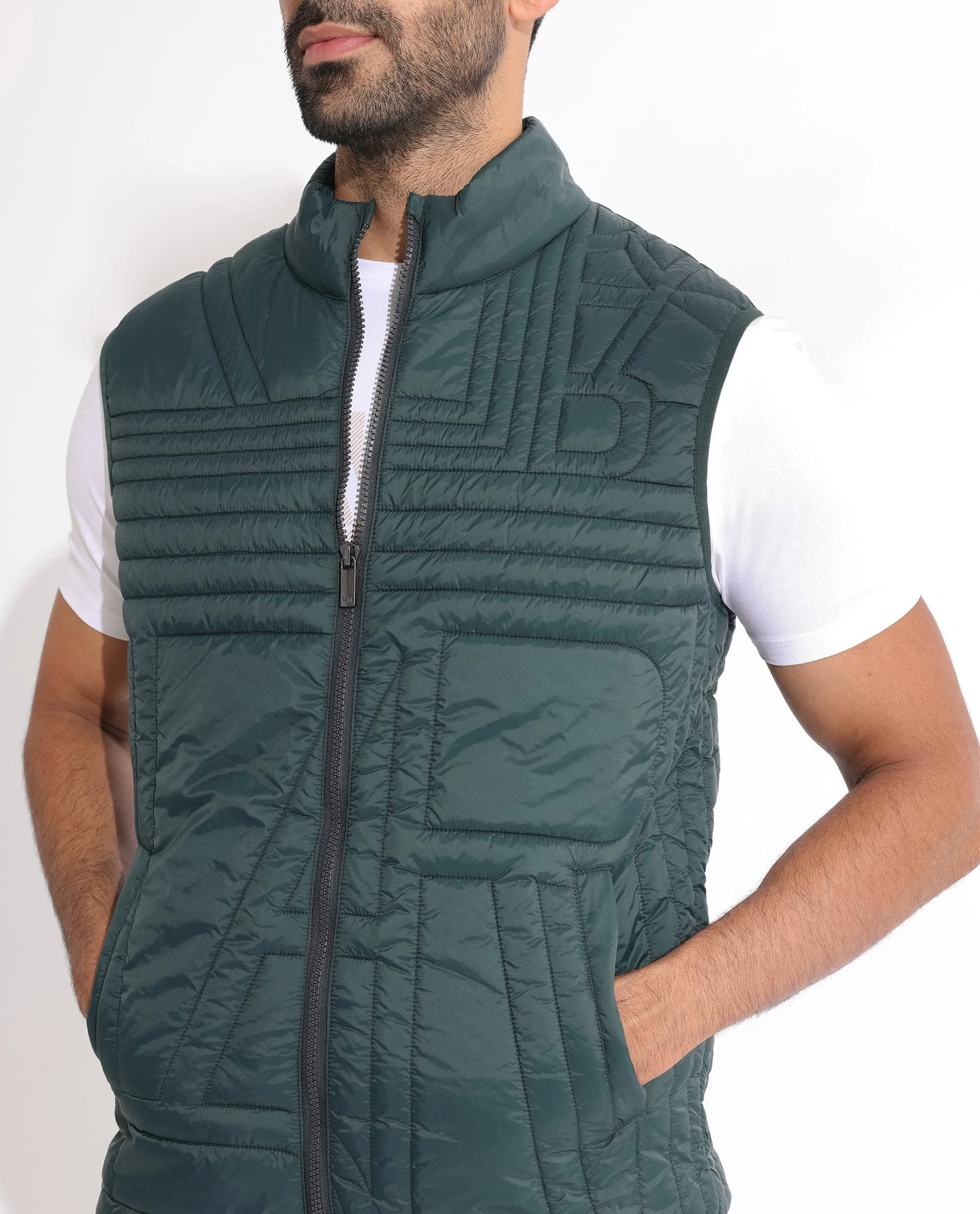 Rare Rabbit Men's Queltex Dark Petrol Branded Sleeveless Quilted Puffer Jacket