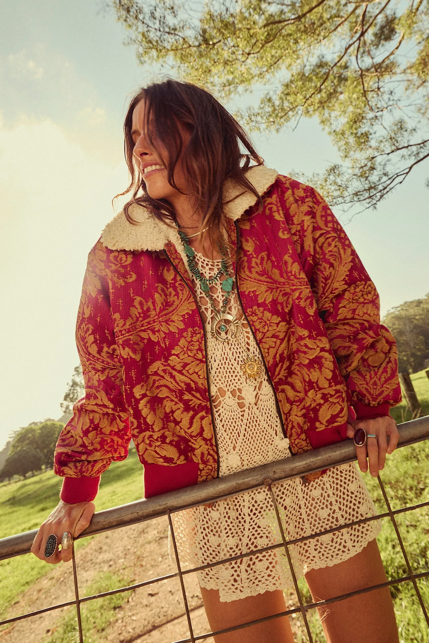 Right Here, Right Now Tapestry Bomber Jacket - Persimmon