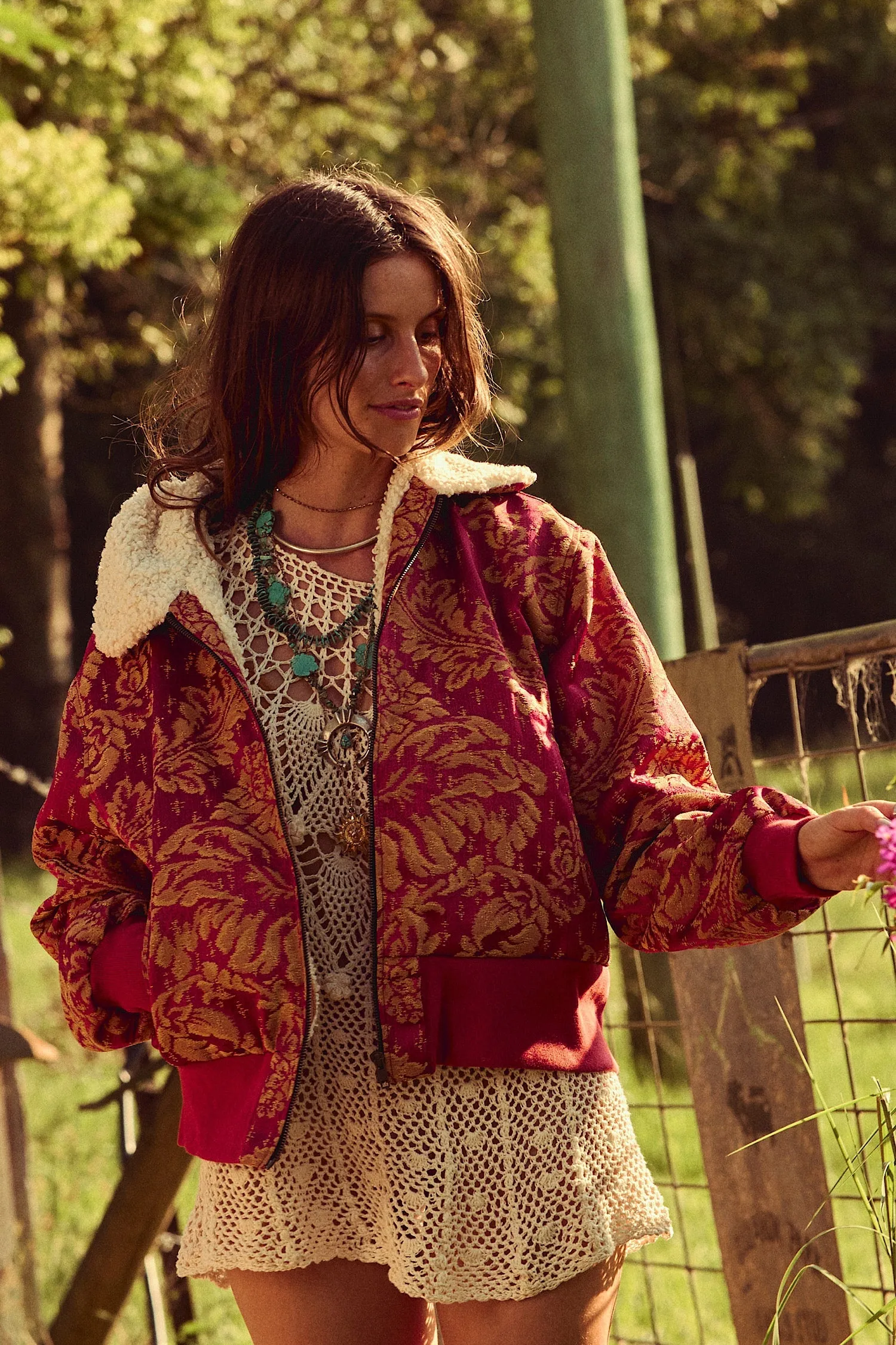 Right Here, Right Now Tapestry Bomber Jacket - Persimmon