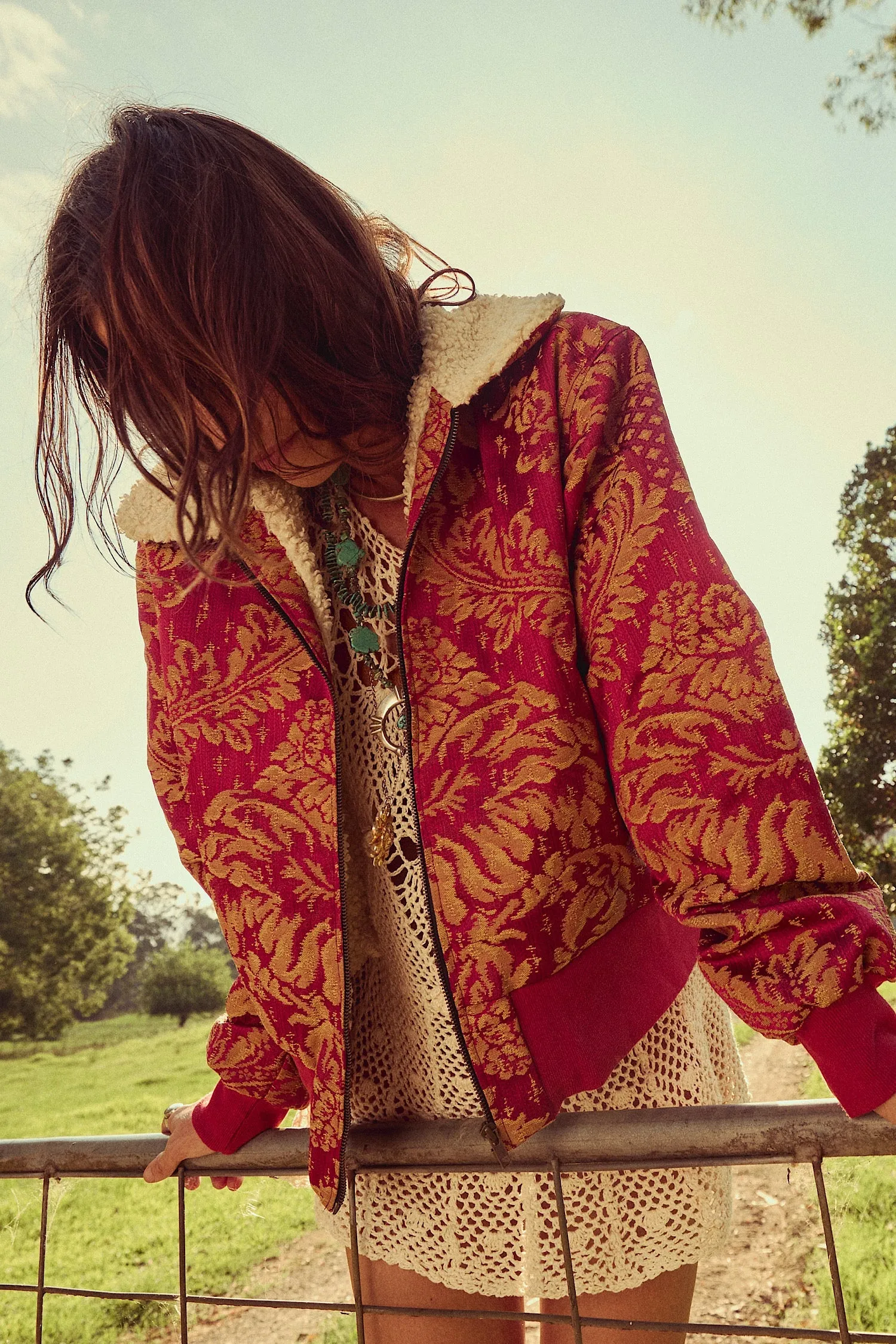 Right Here, Right Now Tapestry Bomber Jacket - Persimmon