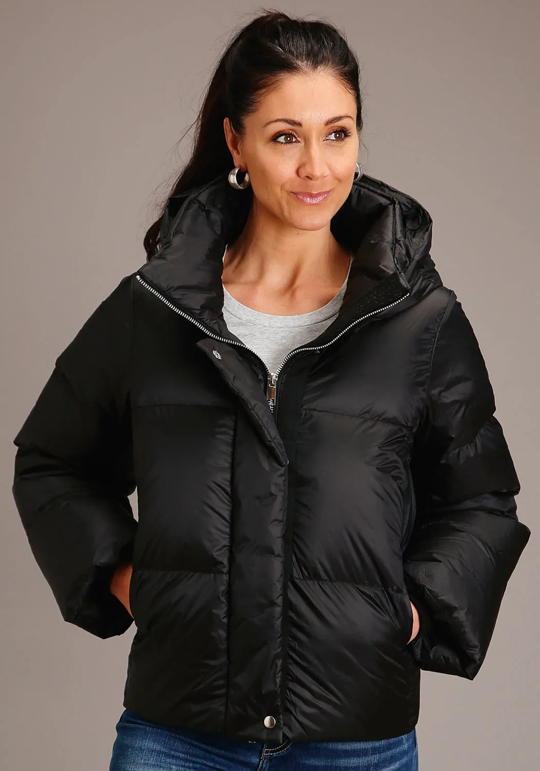 Roper Womens Black Nylon Hooded Down Puffer Coat