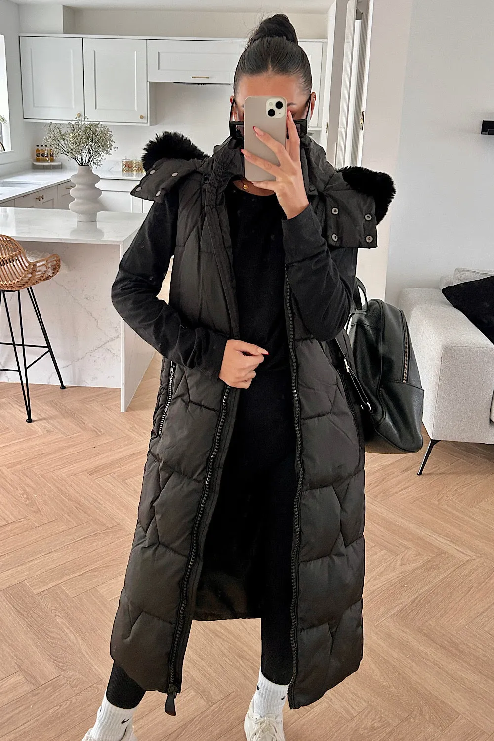 Ruby Black Padded Faux Fur Hooded Gilet