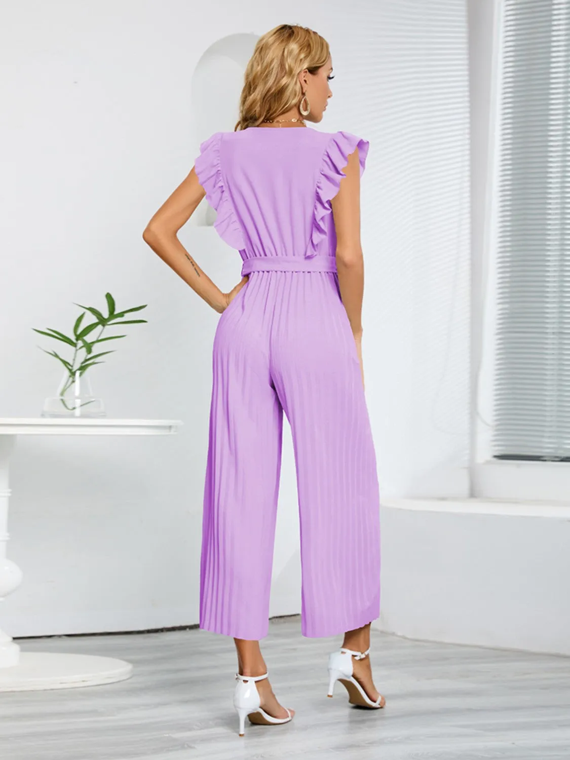 Ruffled Surplice Cap Sleeve Jumpsuit