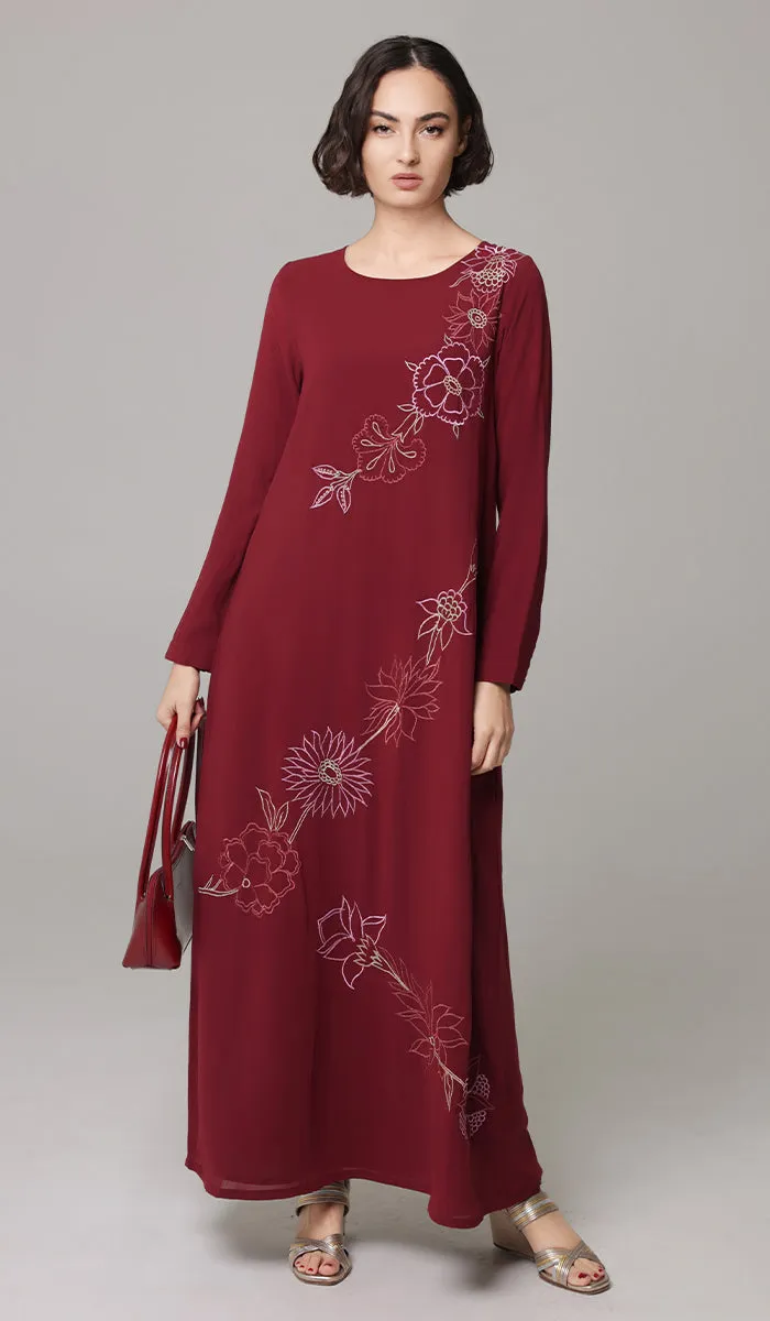 Saman Embroidered Chiffon Modest Long Maxi Dress - Ruby - PREORDER (ships in 2 weeks)