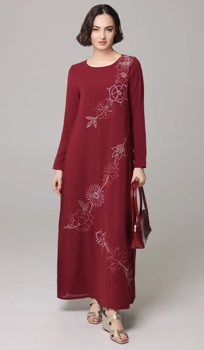 Saman Embroidered Chiffon Modest Long Maxi Dress - Ruby - PREORDER (ships in 2 weeks)