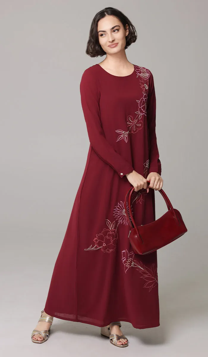 Saman Embroidered Chiffon Modest Long Maxi Dress - Ruby - PREORDER (ships in 2 weeks)