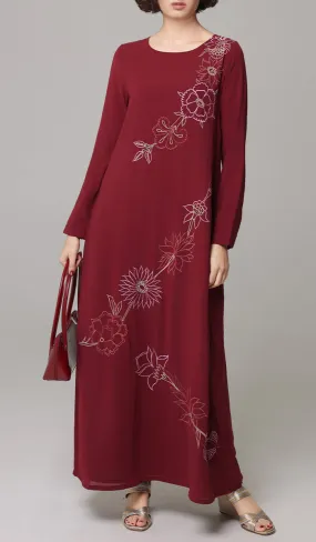 Saman Embroidered Chiffon Modest Long Maxi Dress - Ruby - PREORDER (ships in 2 weeks)